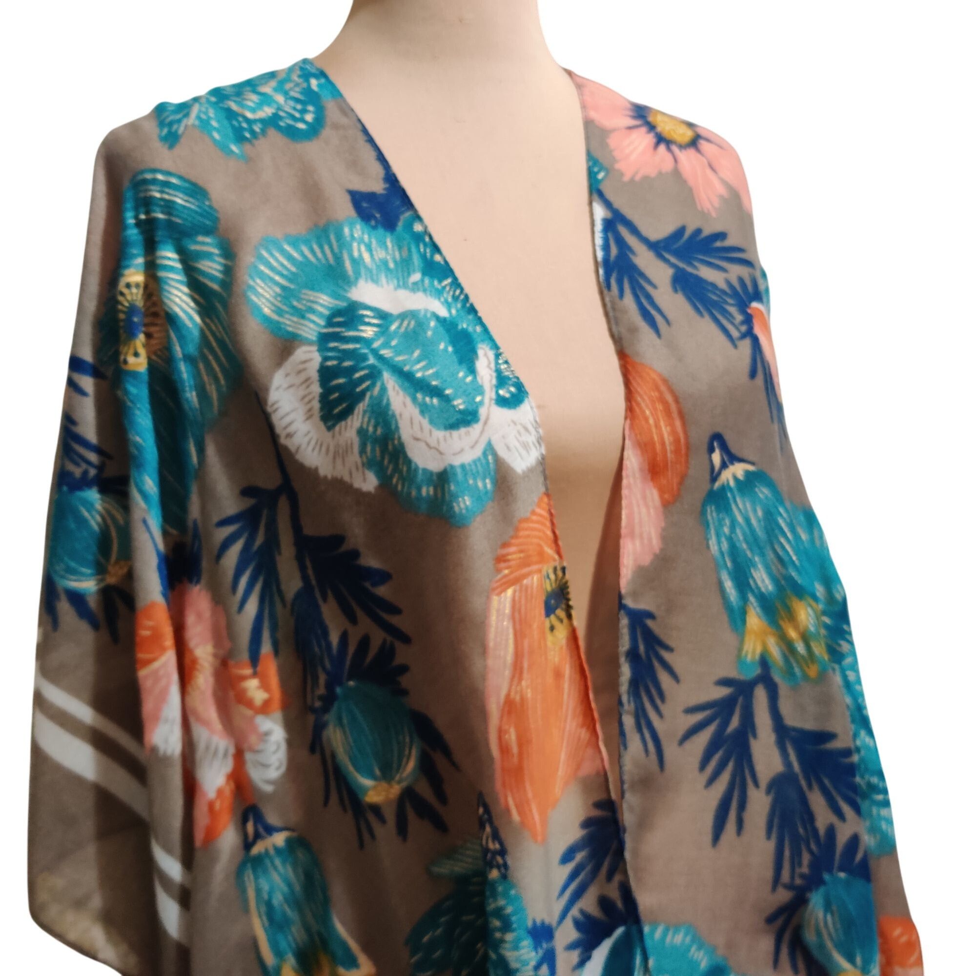 Other Woven Heart L Taupe Floral Open Front Kimono Gold Metallic A Size ONE SIZE - 2 Thumbnail