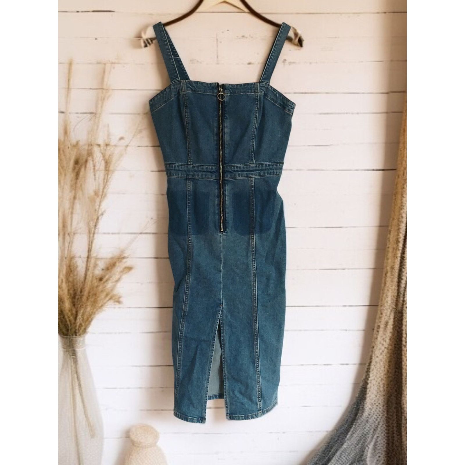 Zara Blue Denim Zip Pinafore Dungaree Midi Dress Size: S