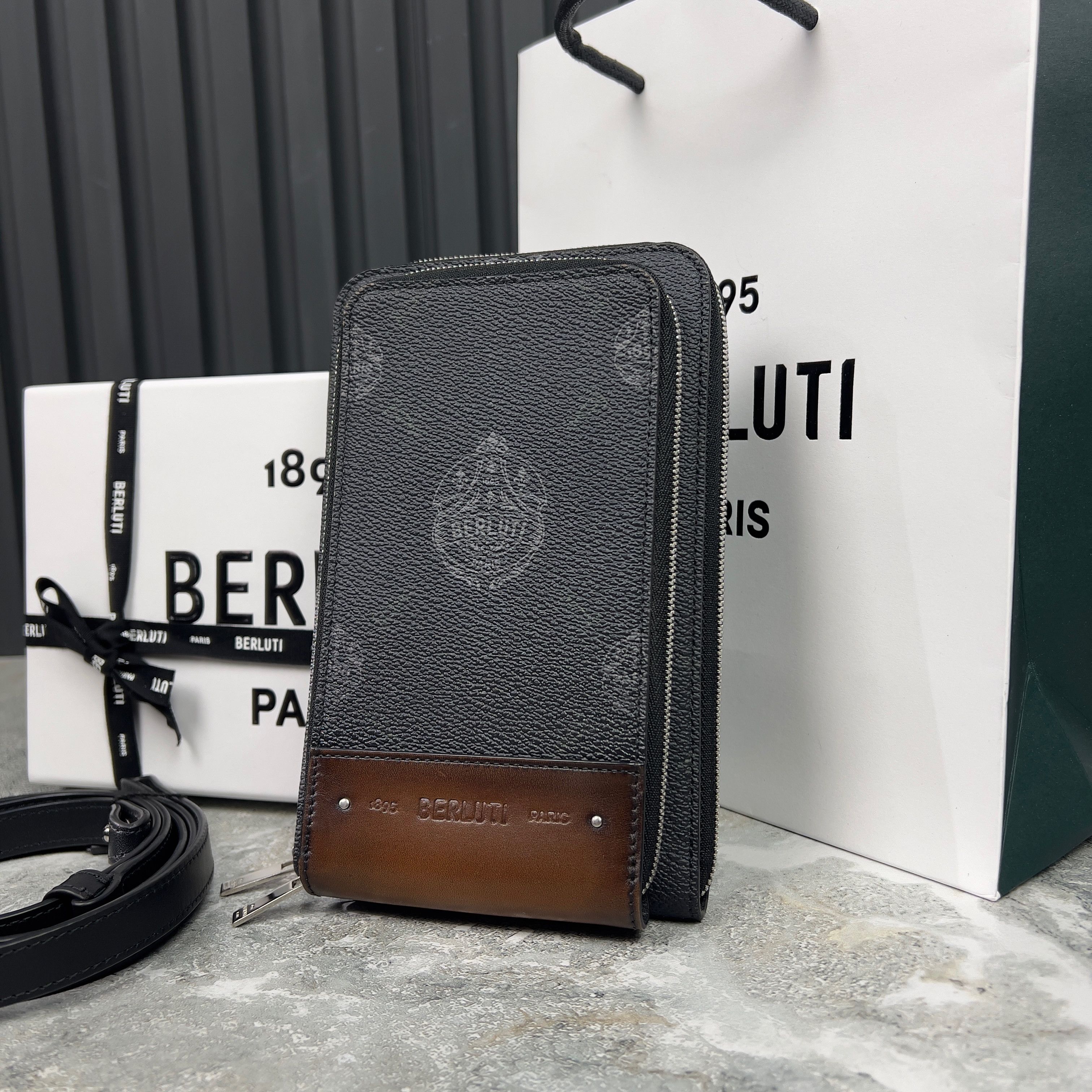 Berluti Globe-Trotter Mini Messenger Bag Signature in Black, Men's