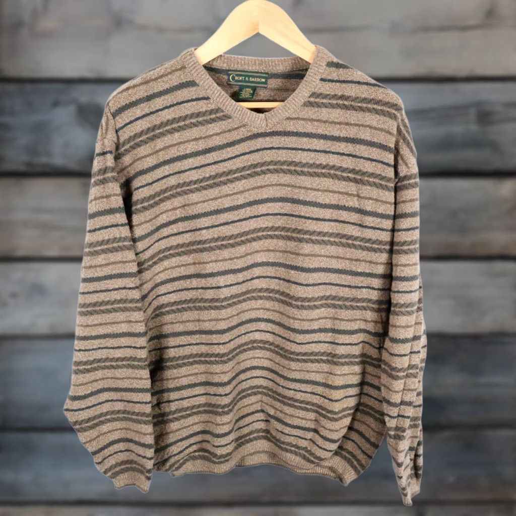 Croft & Barrow 90s Striped Pattern Sweater Mens Large Green Brown V-Neck Chunky-Knit Cotton Knit Preppy Size US L / EU 52-54 / 3 - 1 Thumbnail