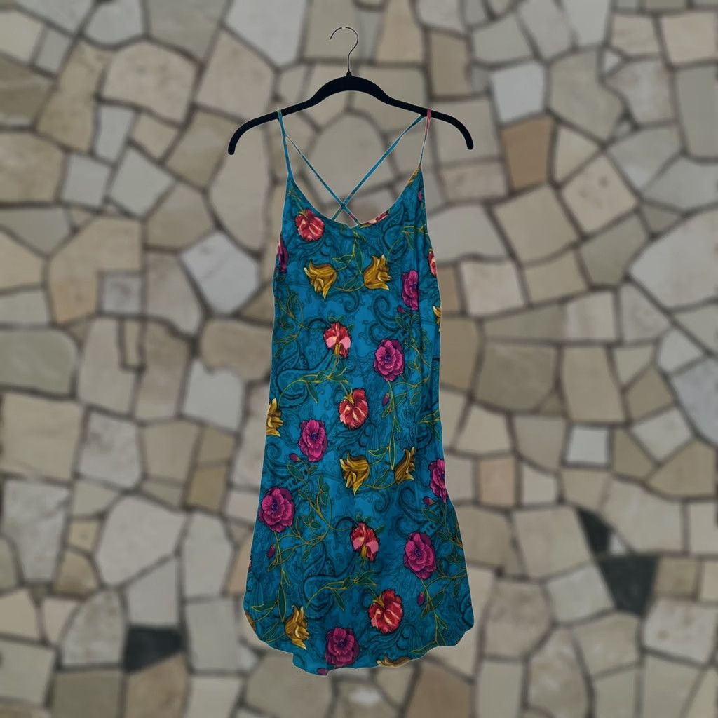 Vintage Rene Rofe Womens Slip Dress Silk Floral Print Midi Crossback Open Back M Blue Size M / US 6-8 / IT 42-44 - 1 Thumbnail