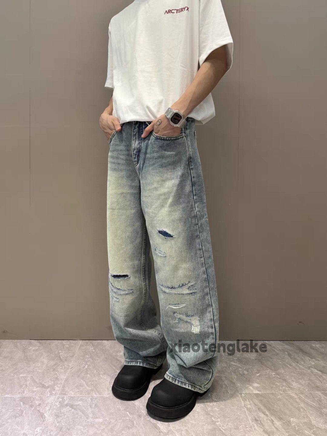 Jean × Vintage washed faded loose baggy hiphop damaged jeans Size US 34 / EU 50 - 5 Thumbnail