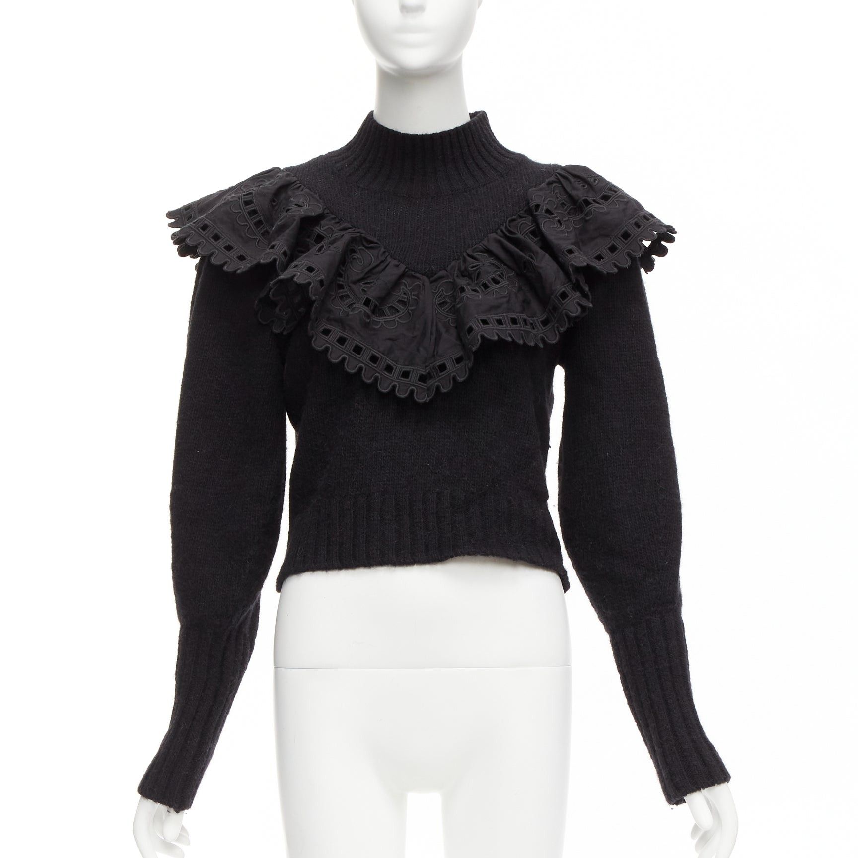 image of Sea New York Black Merino Wool Alpaca Victorian Ruffle Crop Sweater Xs, Women's (Size Small)