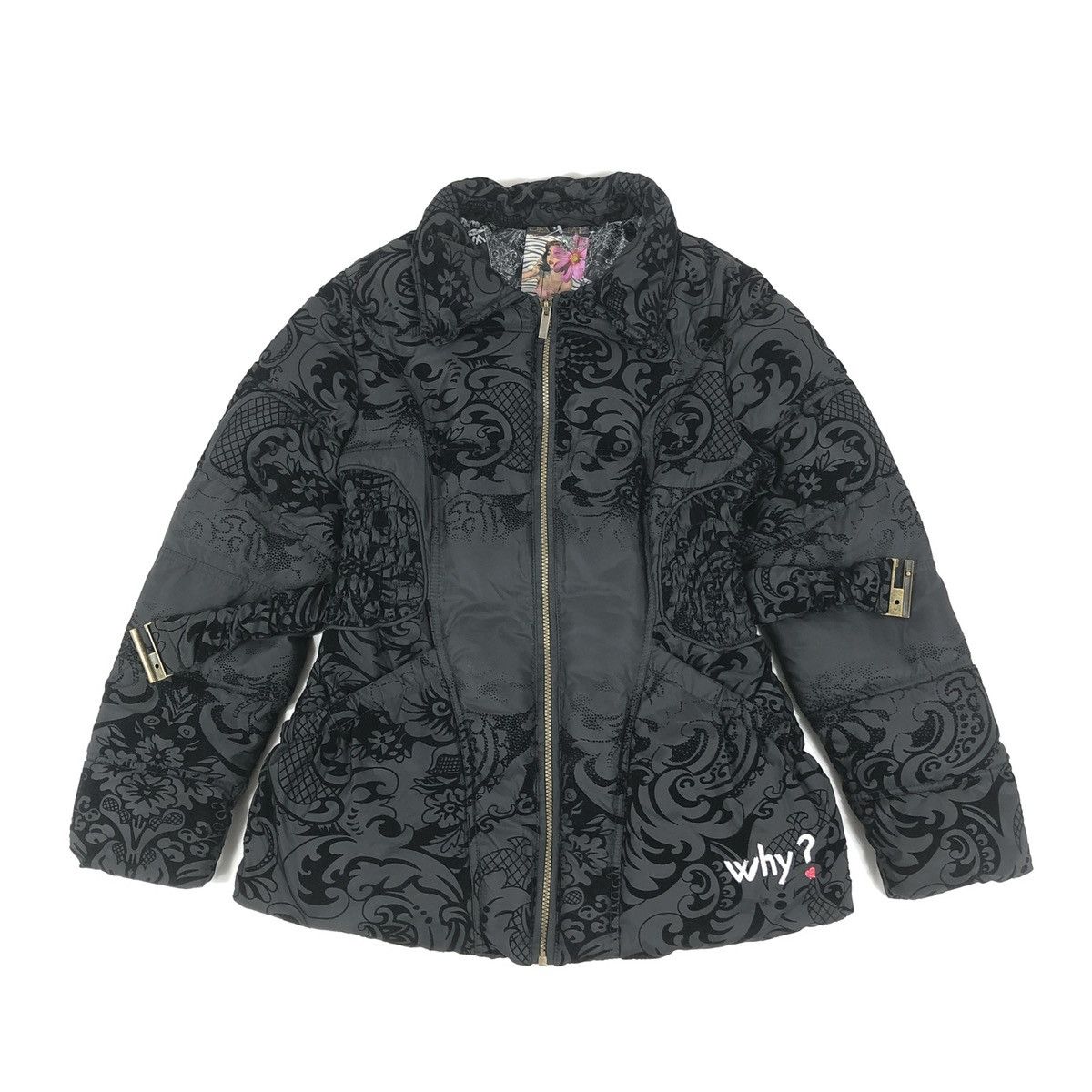 Designer × Desigual Women's DESIGUAL WHY? Black Floral Pattern With Belt Puffer Down Jacket Coat Bomber Size M / US 6-8 / IT 42-44 - 5 Thumbnail