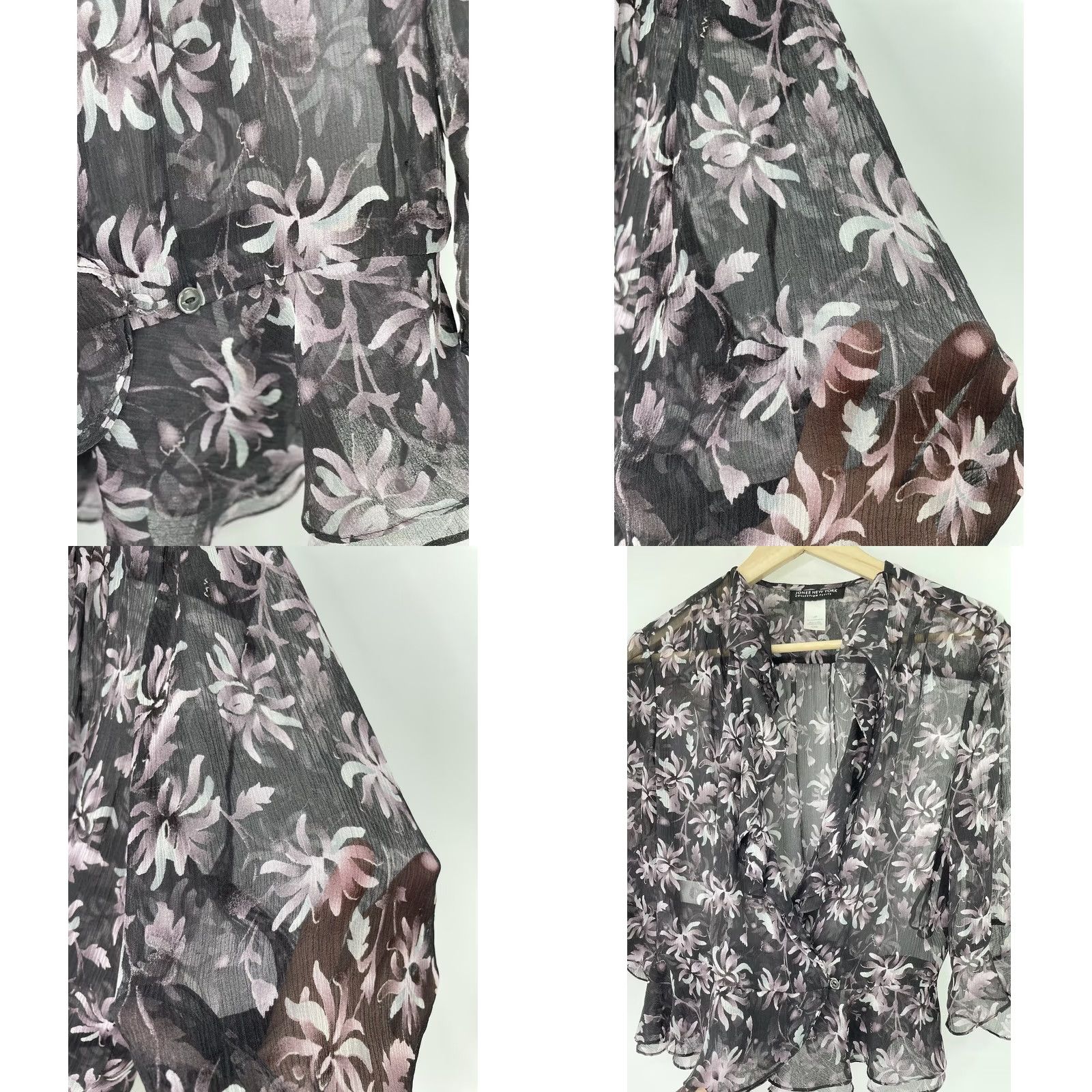 Jones New York Jones New York Cardigan Women 12P Sheer Floral Purple Black 100% Silk Button Front 3/4 Sleeve Size XL / US 12-14 / IT 48-50 - 8 Thumbnail