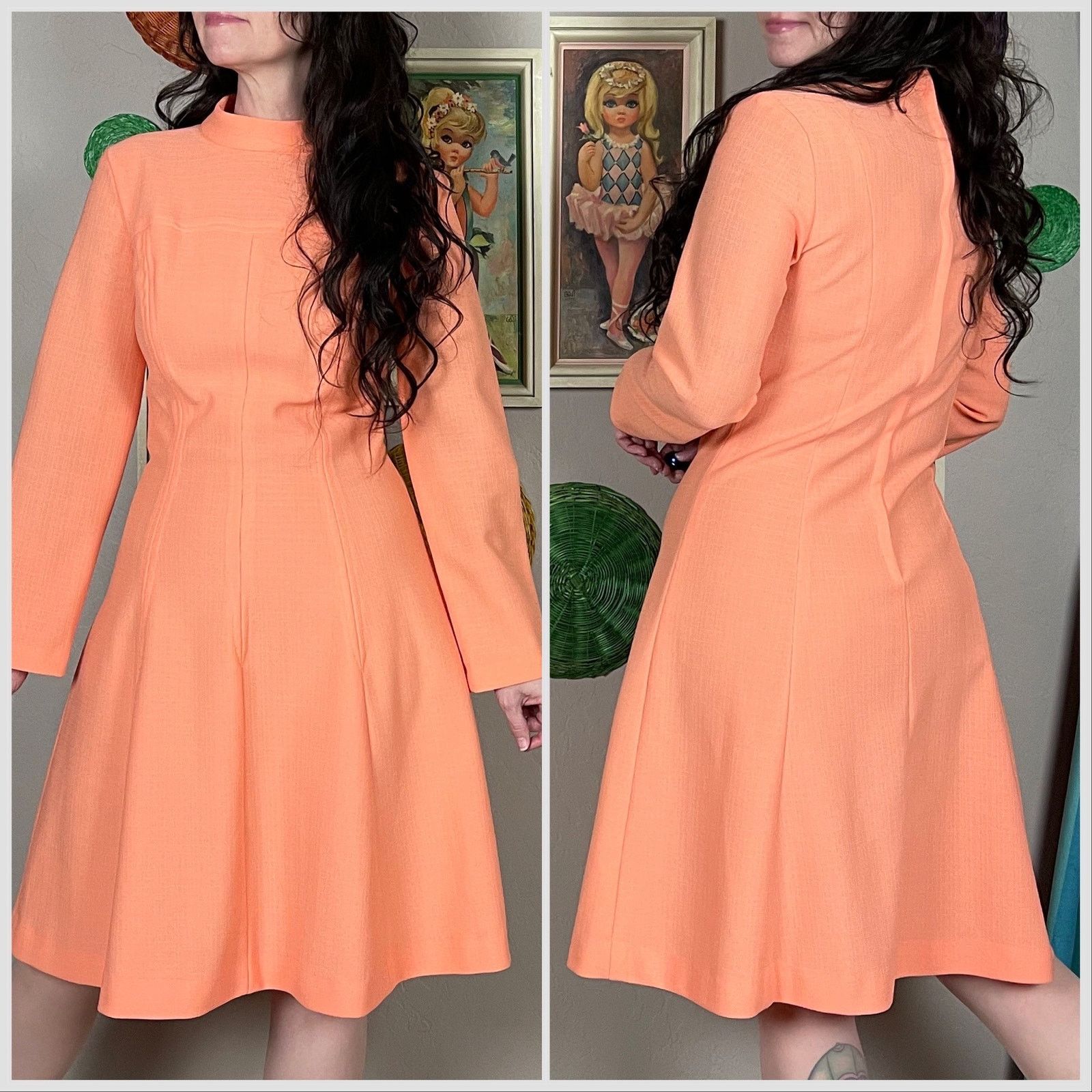 Vintage Vintage 1970s Peach Mock Neck Long Sleeve A-line Dress Size S / US 4 / IT 40 - 3 Thumbnail
