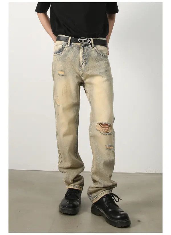 Japanese Brand Men's washed distressed loose straight-leg ripped jeans Size US 32 / EU 48 - 2 Thumbnail