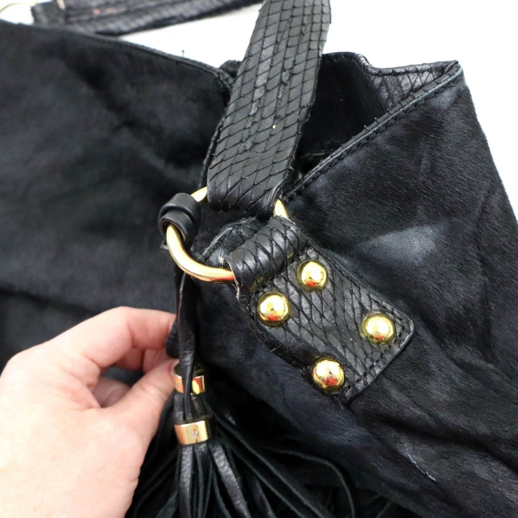 Cynthia Rowley CYNTHIA ROWLEY Leather Hair-On Hobo Bag Purse Damaged Vintage Large Black Casual Shoulder Bag Womens Size ONE SIZE - 6 Thumbnail