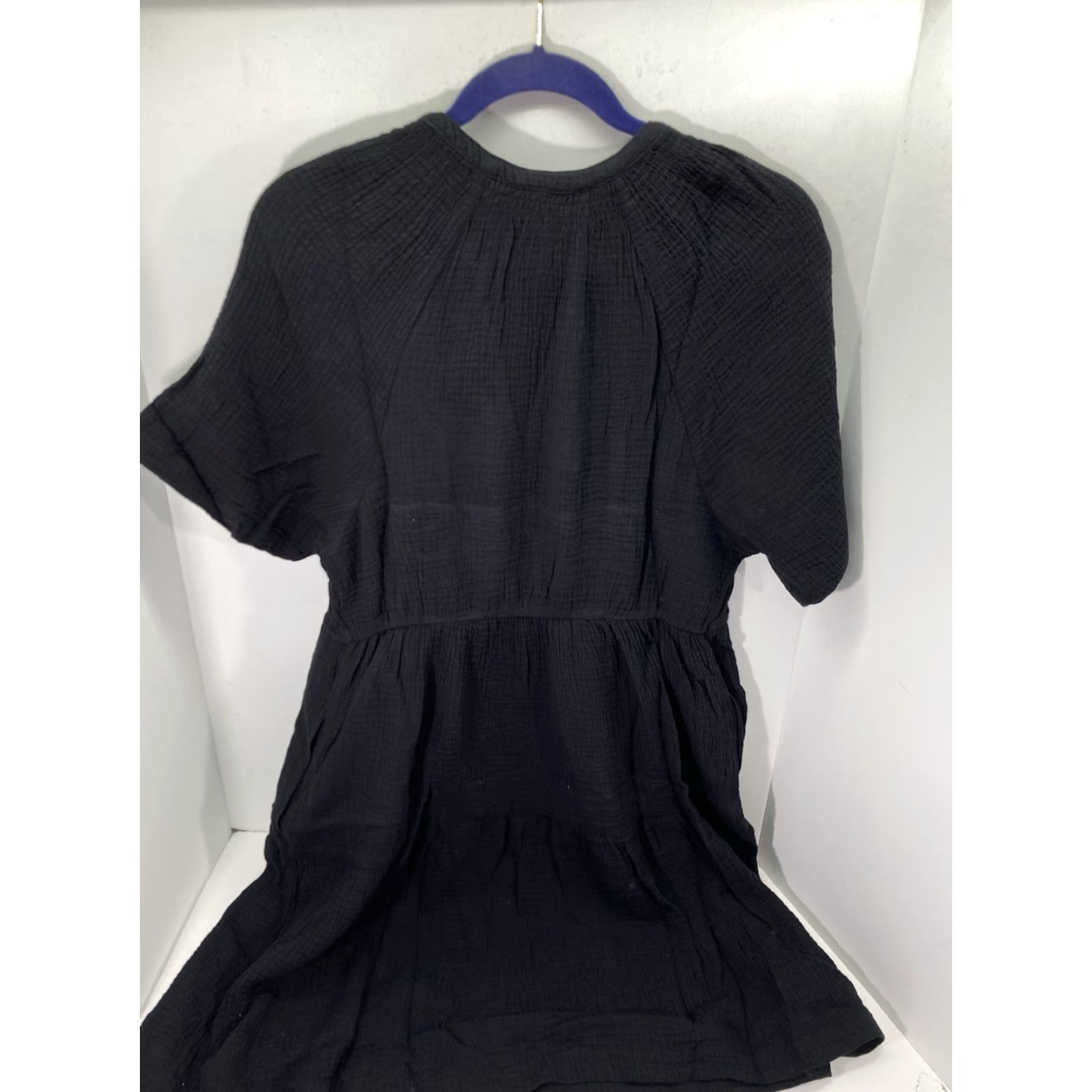 VINTAGE Gap Gauze Tiered Dress Women Size S Black Short Sleeve Pockets  Crinkled NWT