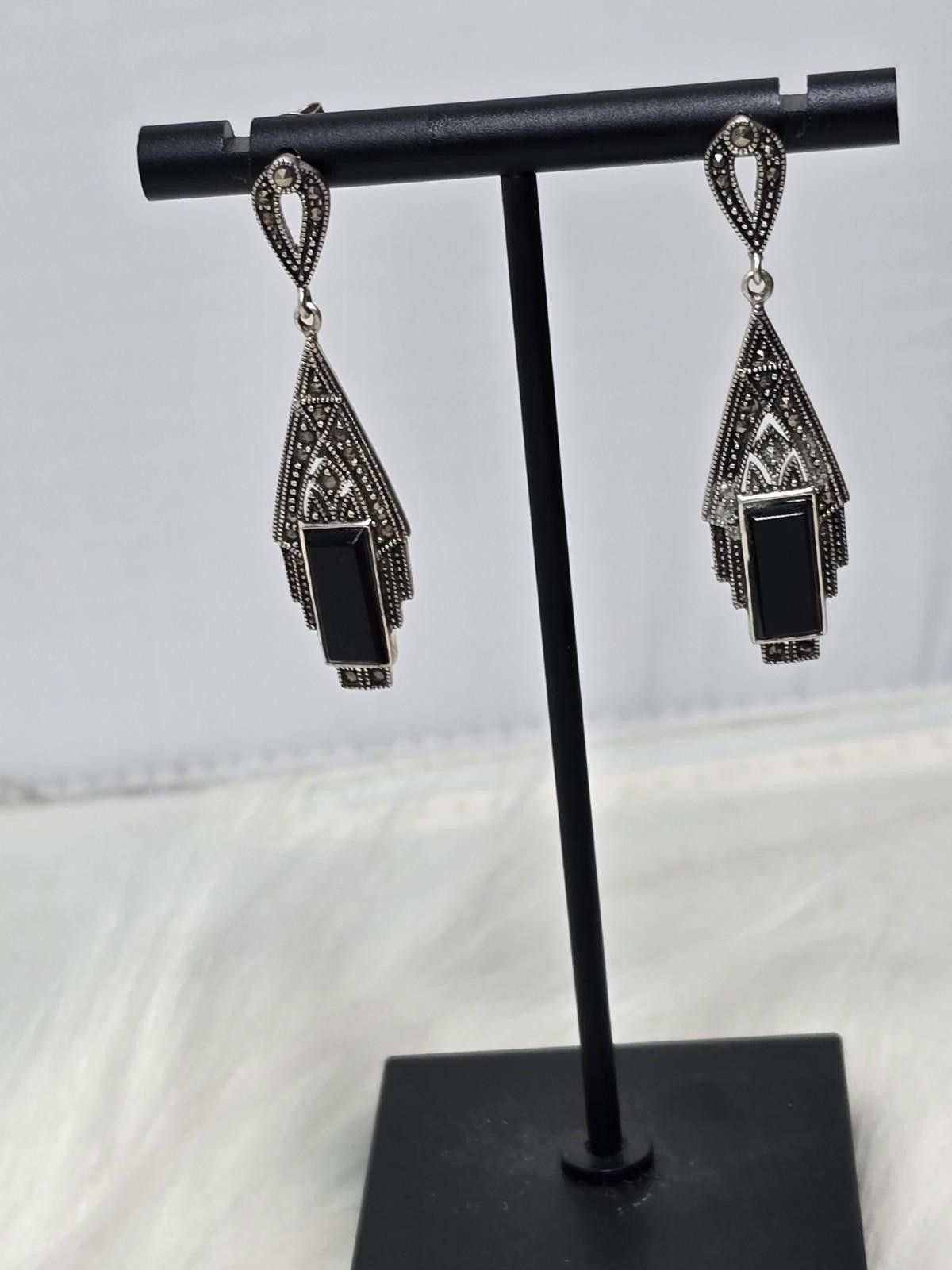 The Unbranded Brand 925 Thai Marcasite Onyx Drop Earrings Art Deco Size ONE SIZE - 1 Thumbnail