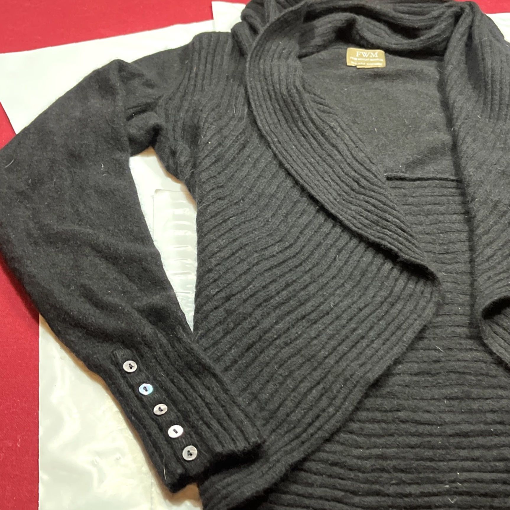 Vintage Fenn Wright Manson Cardigan Sweater Open Front Cowl Neck Black L Womens Cashmere Size L / US 10 / IT 46 - 7 Thumbnail