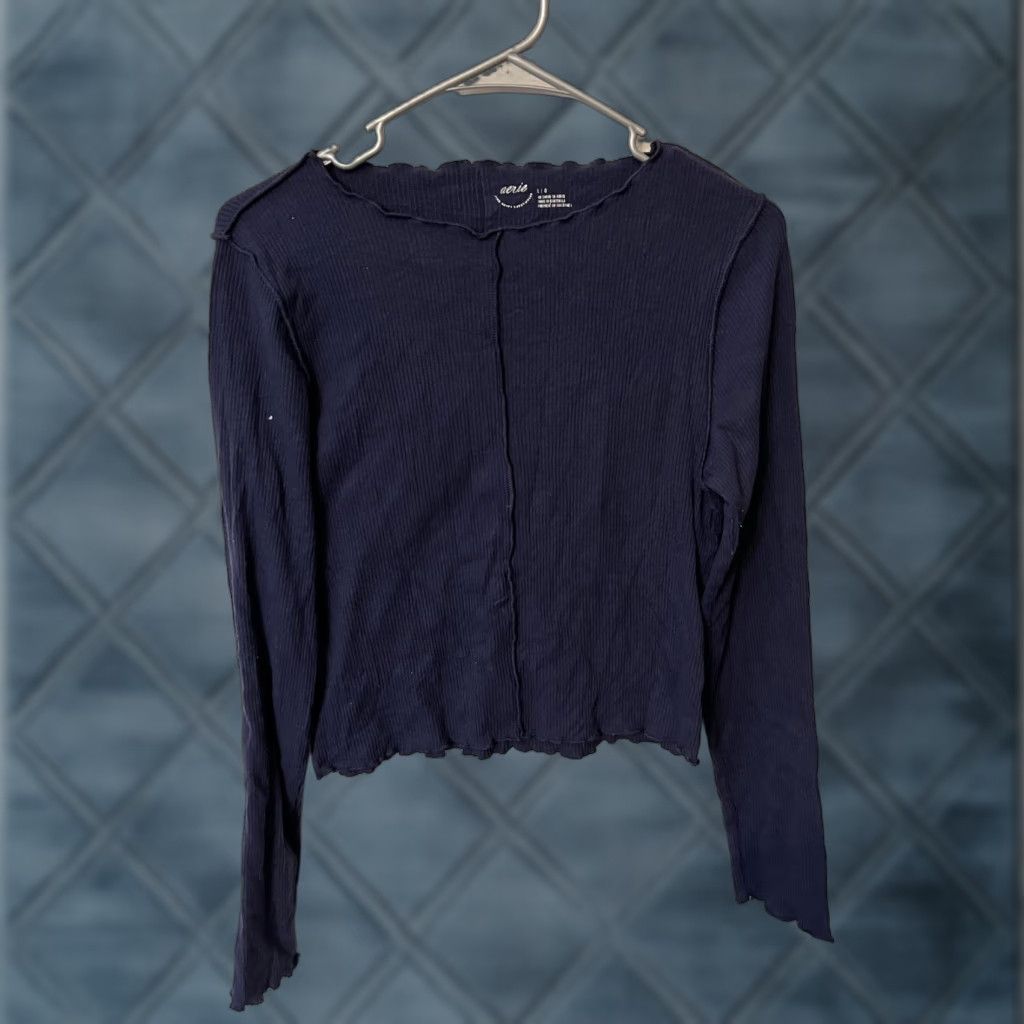 Vintage Aerie Cropped Shirt Adult Large Blue Long Sleeve Corrugated Hem Neck Women Size L / US 10 / IT 46 - 1 Thumbnail