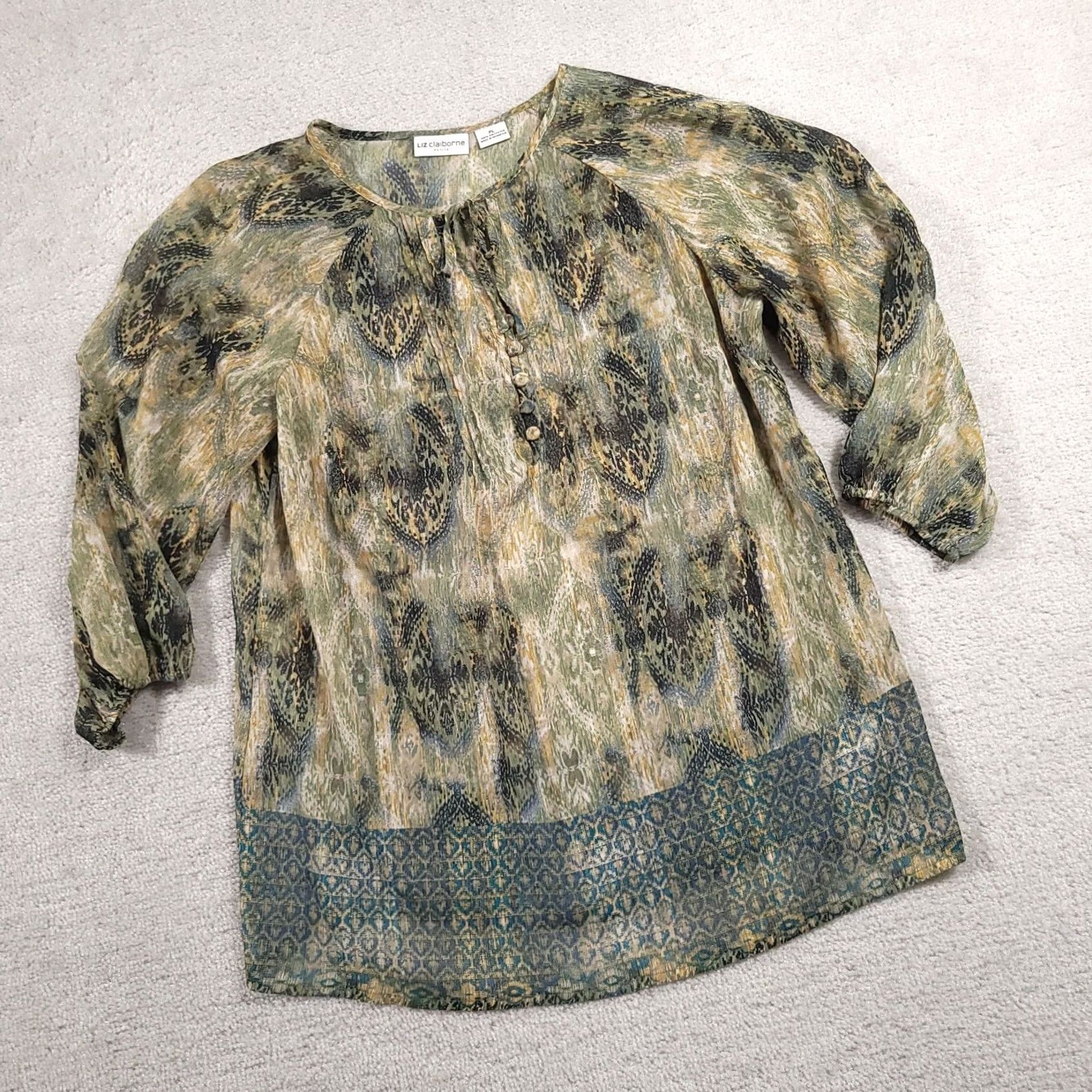 Liz Claiborne Liz Claiborne Shirt Women's PL Petite Green Lightweight Long Sleeve Henley Tie Shirt Size L / US 10 / IT 46 - 2 Thumbnail