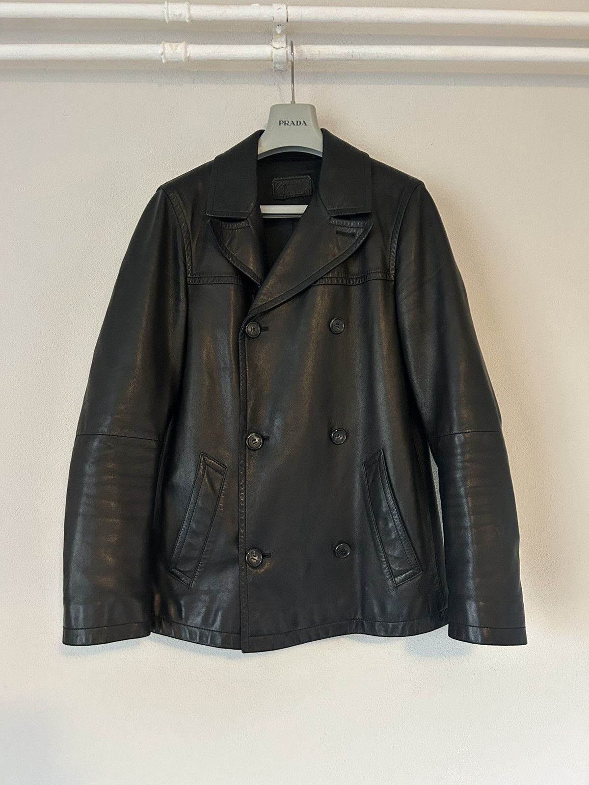 Image of Prada Aw2005 Black Nappa Leather Caban Coat, Men's (Size Small)