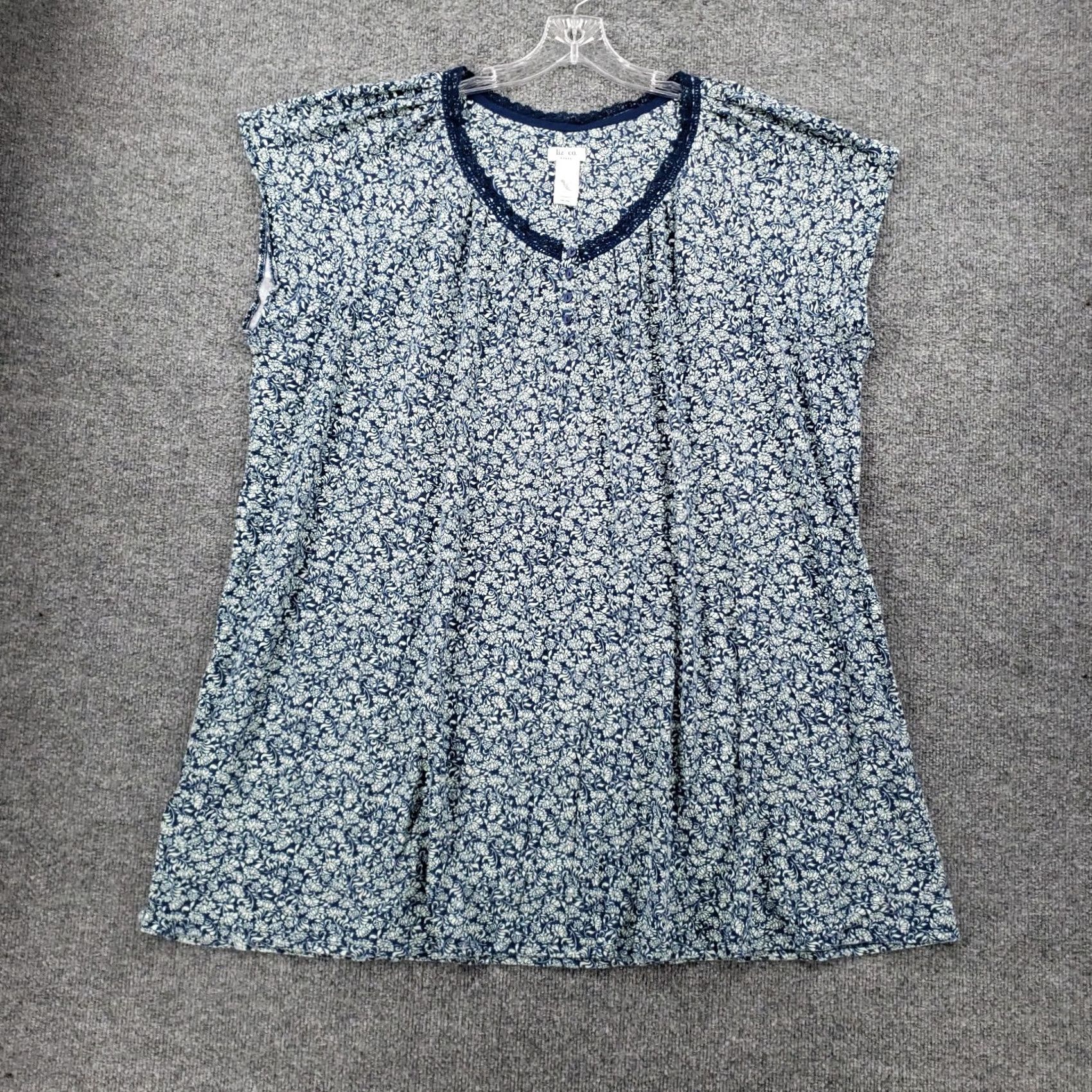 CO Liz & Co Gown Womens 3X Blue Floral Ditsy Henley Sleeveless Cotton Plus Dress Size XXL / US 16-18 / IT 52-54 - 2 Thumbnail