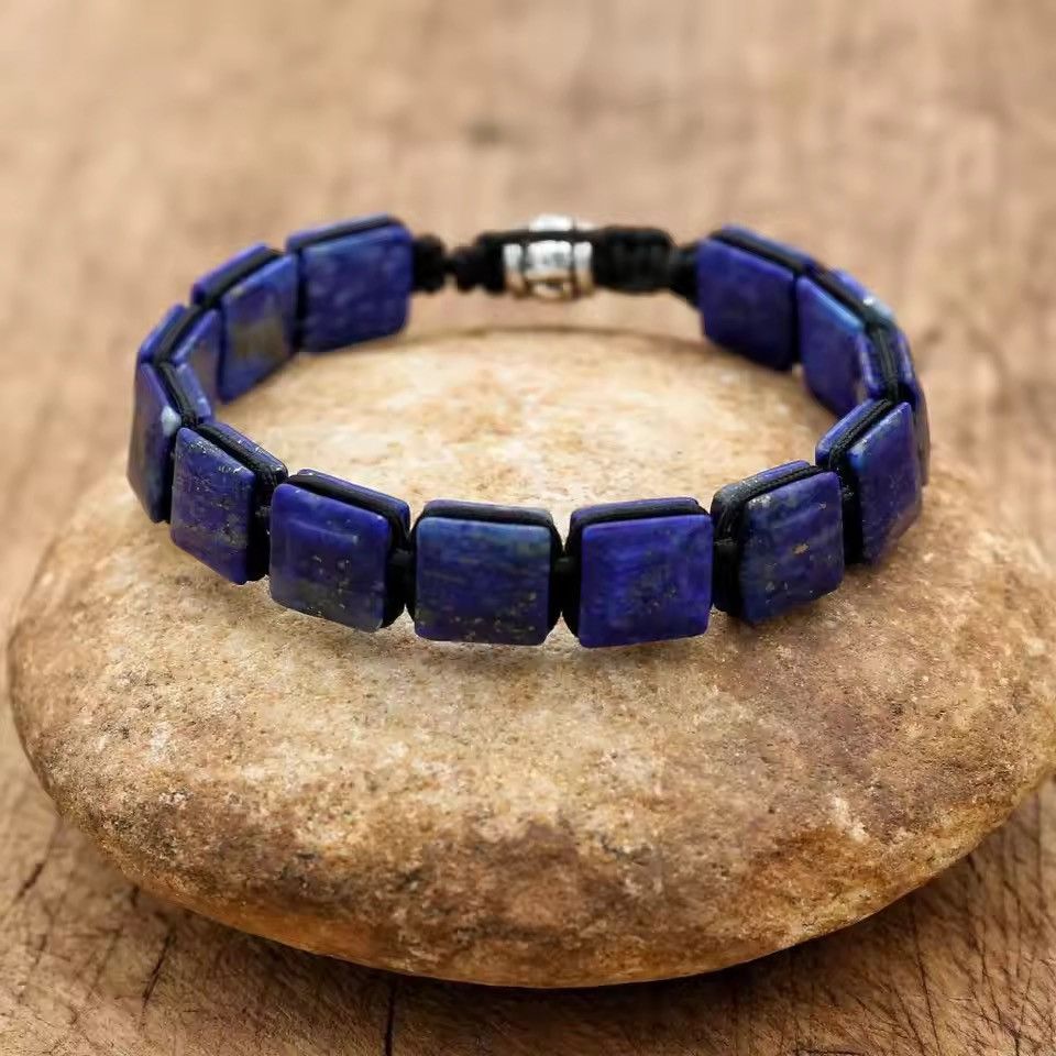 Handmade 10mm Square Lapiz Lazuli Stone Beads Braided Bracelet Size ONE SIZE - 5 Thumbnail