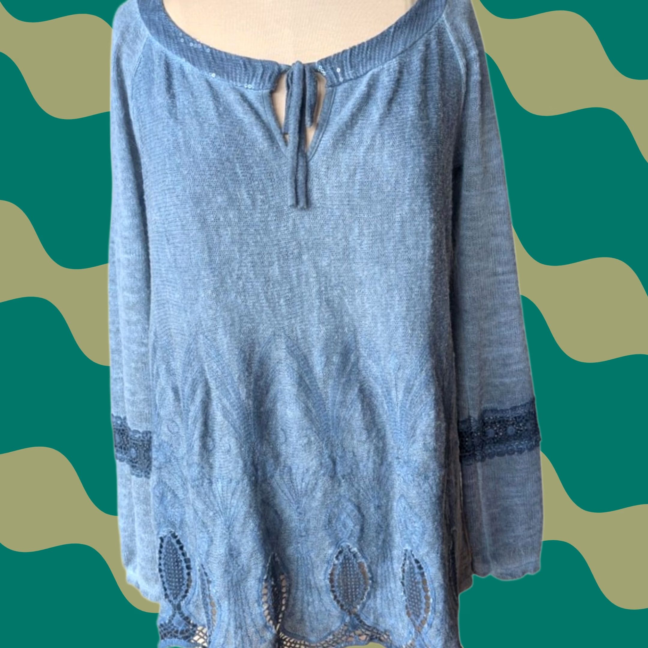 Vintage Tempo Paris Mohair Blend Blue Sweater Women Size S Crochet Lace Sequined Blouse Luxury Vintage Quiet Luxury Size S / US 4 / IT 40 - 1 Thumbnail