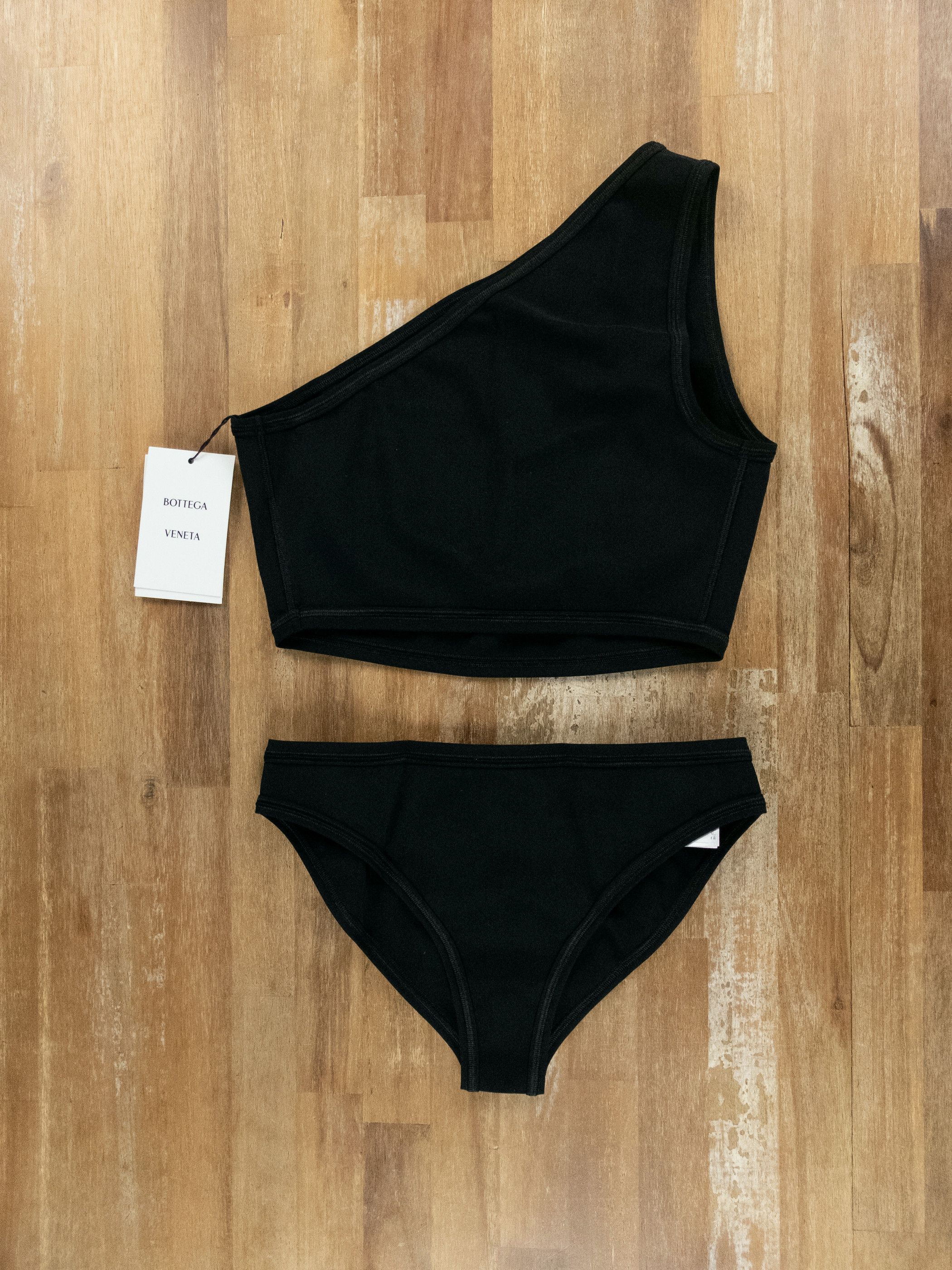 BOTTEGA VENETA black two piece one shoulder bikini swimsuit