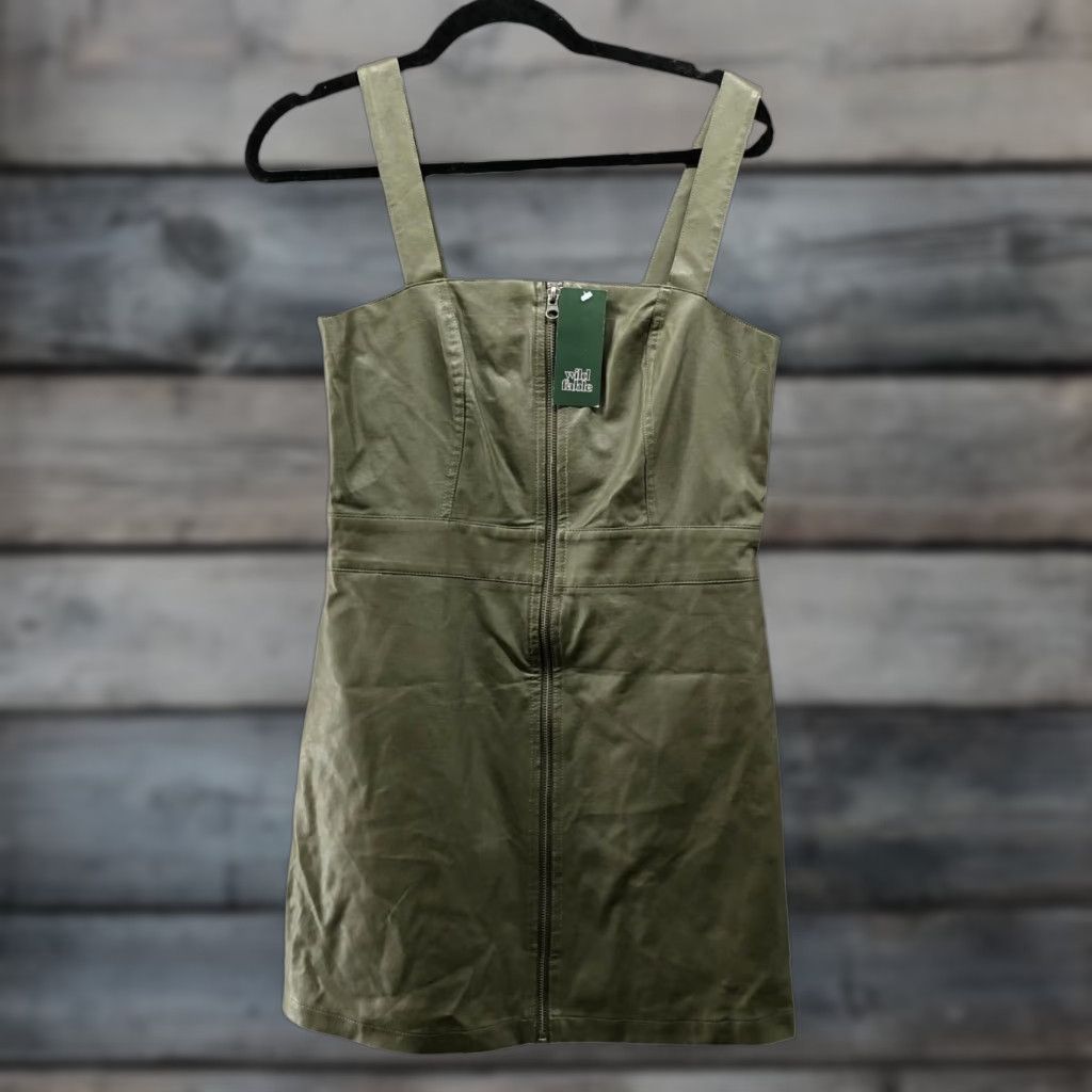 Vintage NWT Wild Fable Faux Leather Zip Front Mini Dress Womens S Olive Green Cami Size S / US 4 / IT 40 - 1 Thumbnail