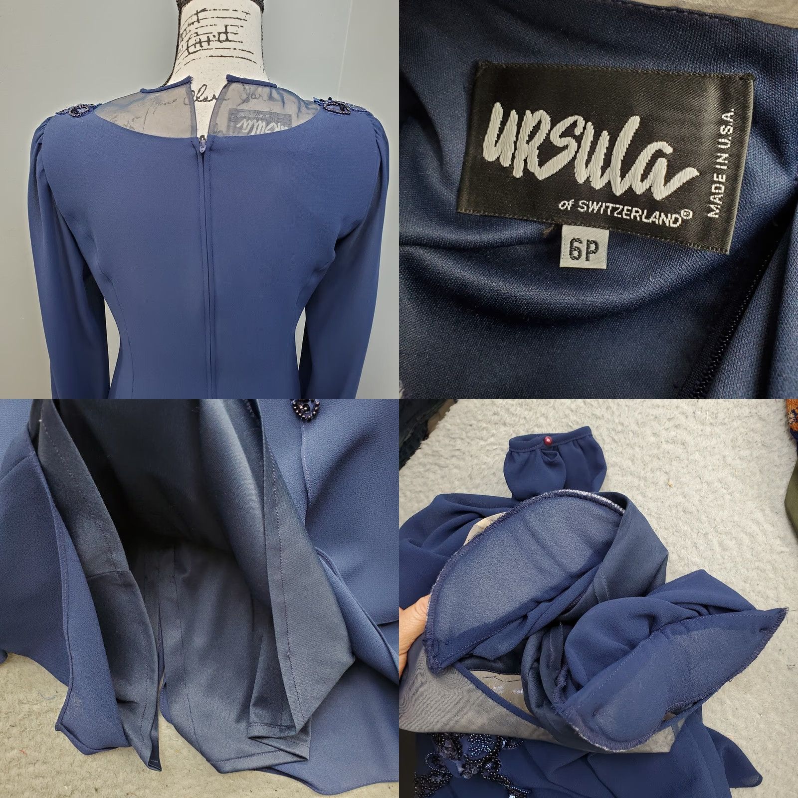 Vintage Ursula Dress Womens 6P Navy Beaded Embellished Shoulder Pads Back Zip Midi Dress Size M / US 6-8 / IT 42-44 - 8 Thumbnail