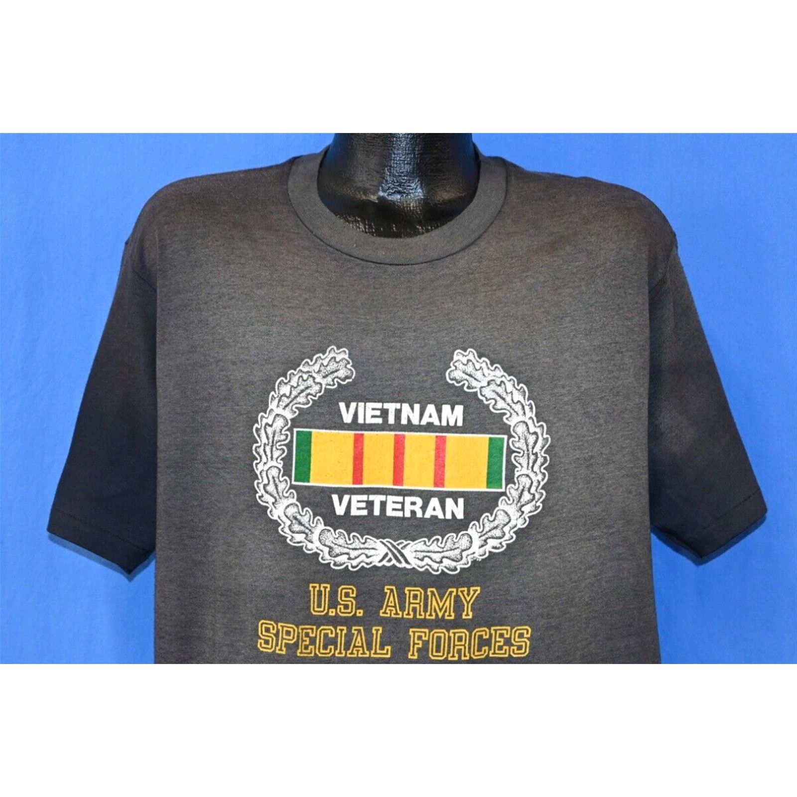 image of Hanes VTG 80's Vietnam Veteran United States Army Special Forces Faded Black T-Shirt XL in White