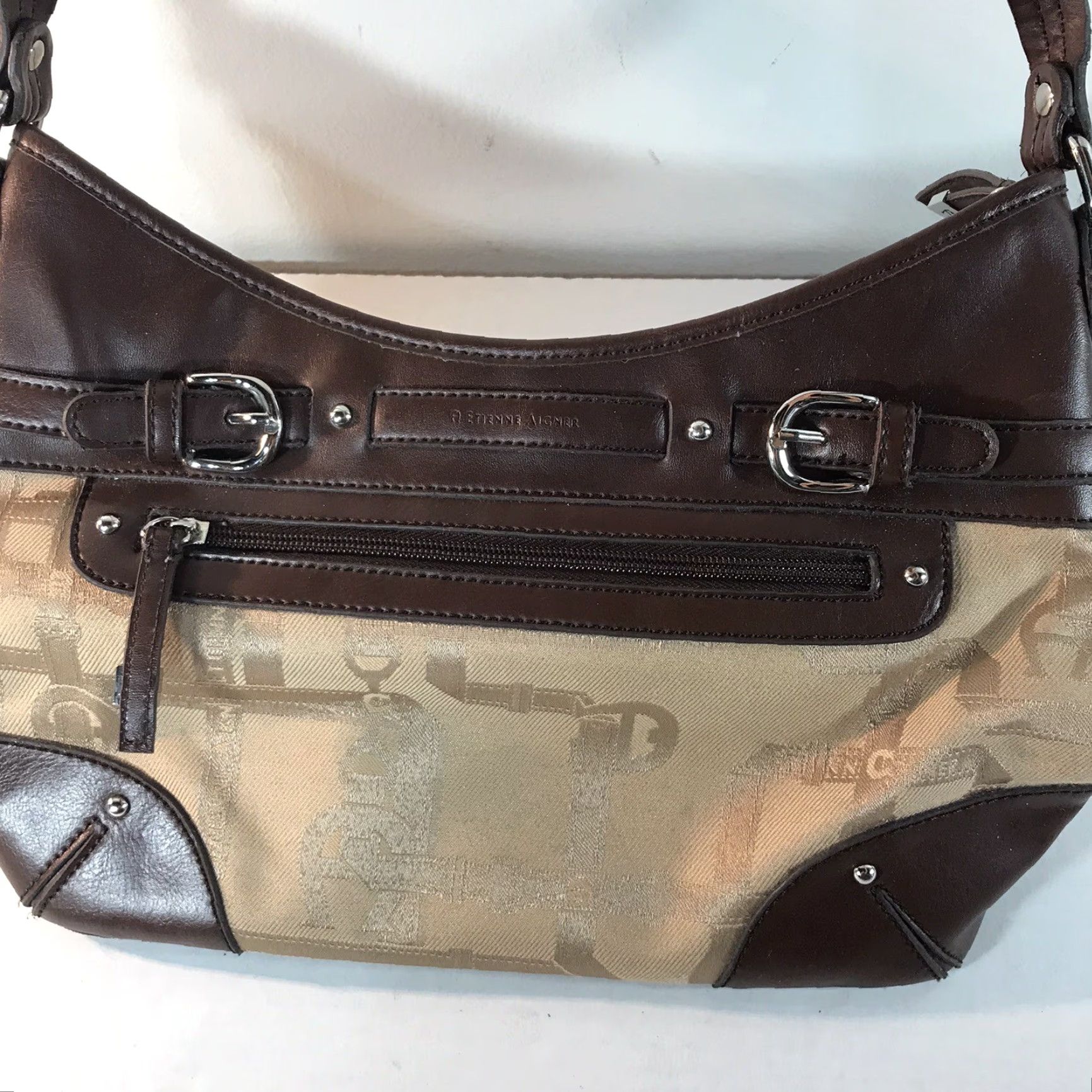 Etienne Aigner VINTAGE Etienne Aigner Womens Shoulder Bag Leather Gold Fabric Multi Pockets Casual Travel Medium Brown Size ONE SIZE - 3 Thumbnail