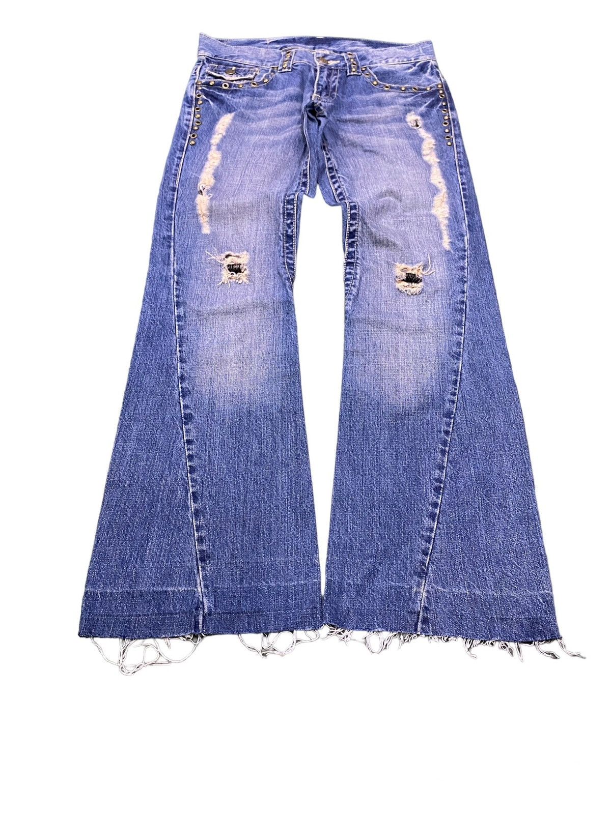 image of Kmrii x Le Grande Bleu L G B Pierced Studded Twisted Stitch Flare Jeans in Blue, Women's (Size 31)
