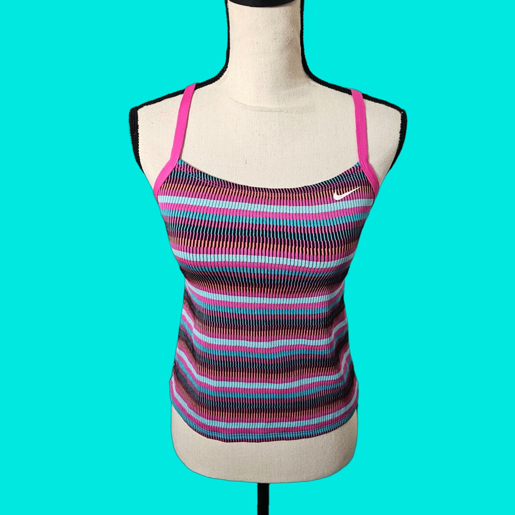 Nike Nike Women's Textured Stripe Racerback Tankini Top Petite Pink Fire/Multicolor S Size S / US 4 / IT 40 - 1 Thumbnail