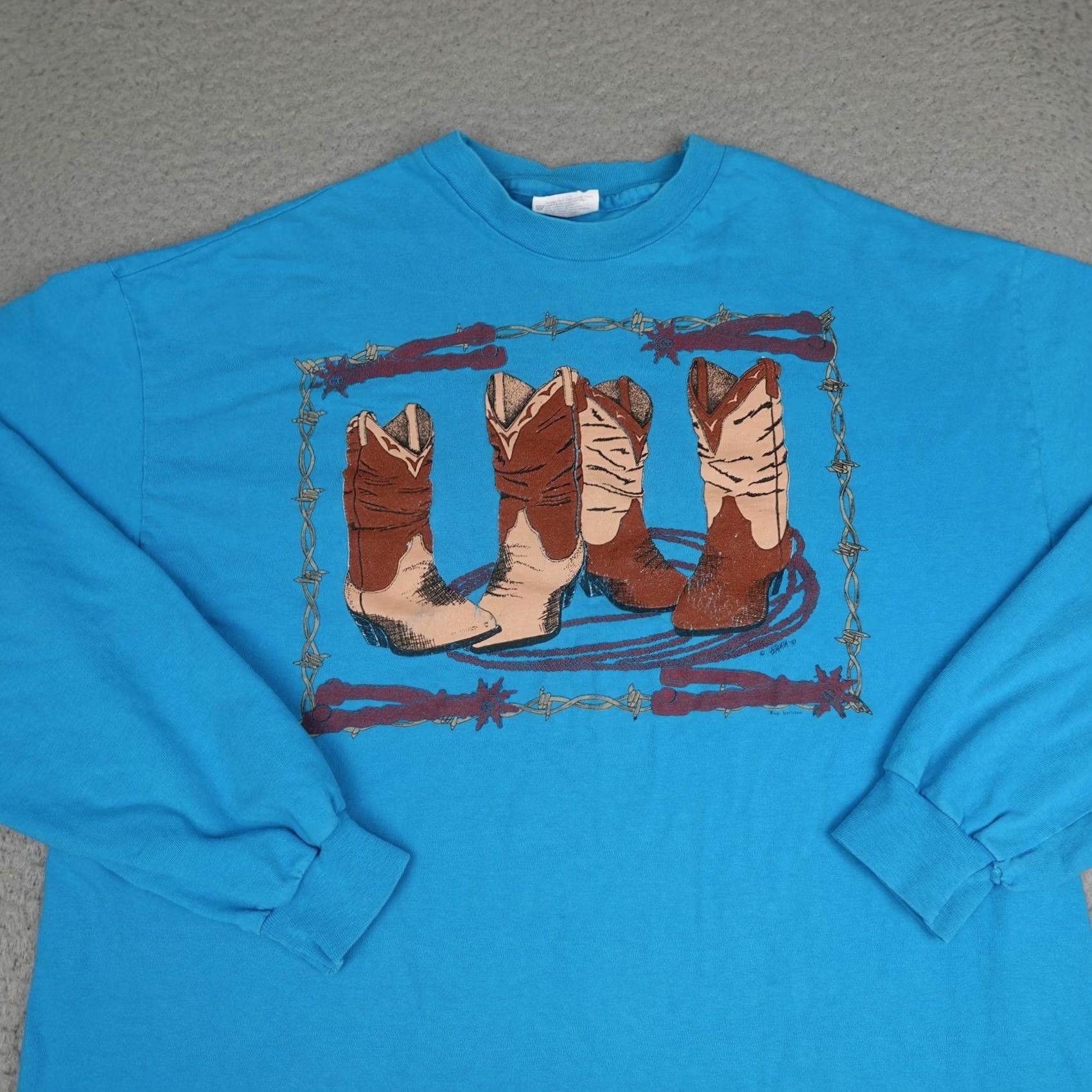 Hanes VINTAGE Hanes Beefy-T Shirt Mens XL Blue Cowboy Boots Graphic Long Sleeve 90s USA Made Size US XL / EU 56 / 4 - 3 Thumbnail