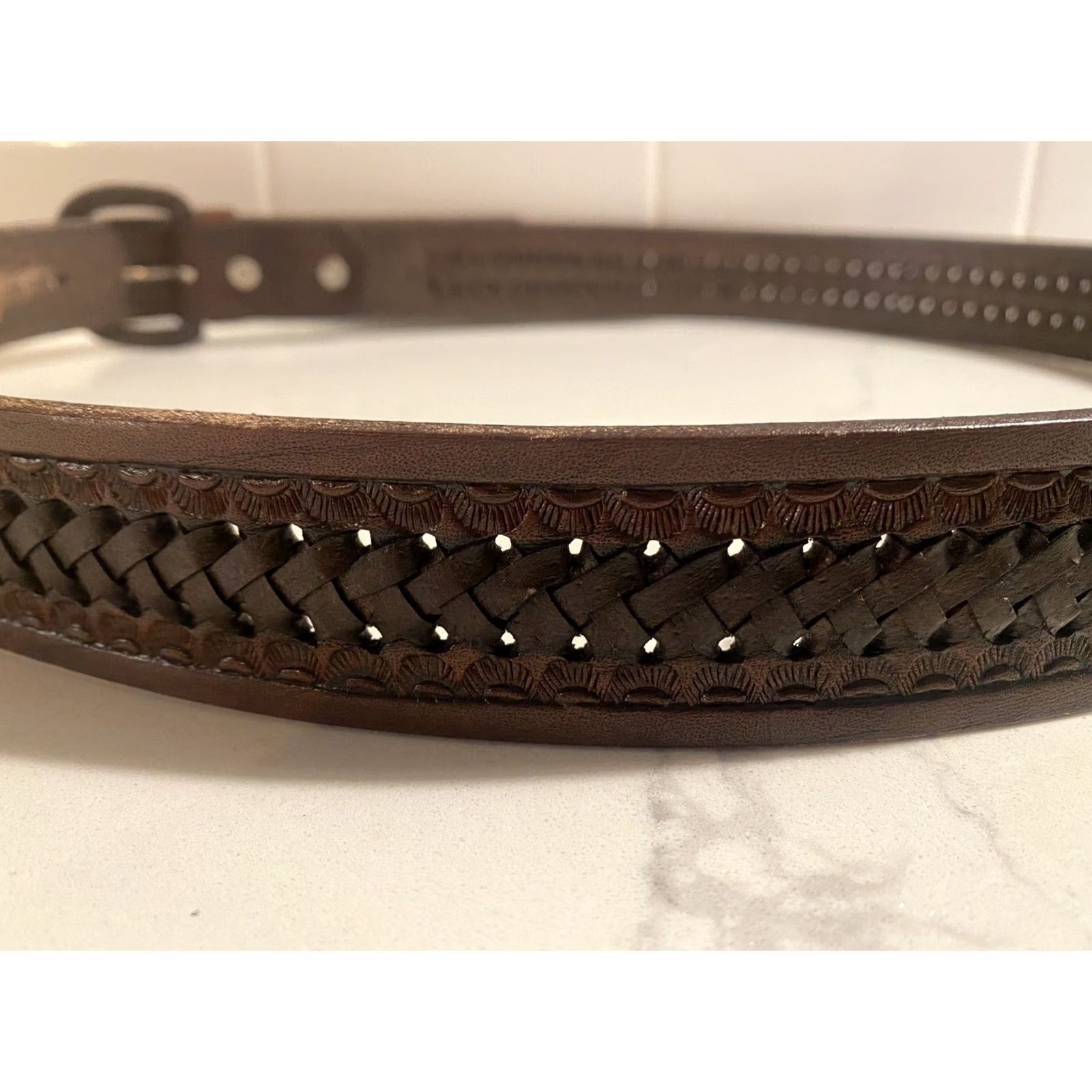 Vintage VINTAGE RM Hecho En Mexico Brown Tan Leather Woven Belt Size 42 Men Belt Western Embossed Adjustable Buckle Braided/Woven Work Belt USA Leather Men Size 42 - 3 Thumbnail