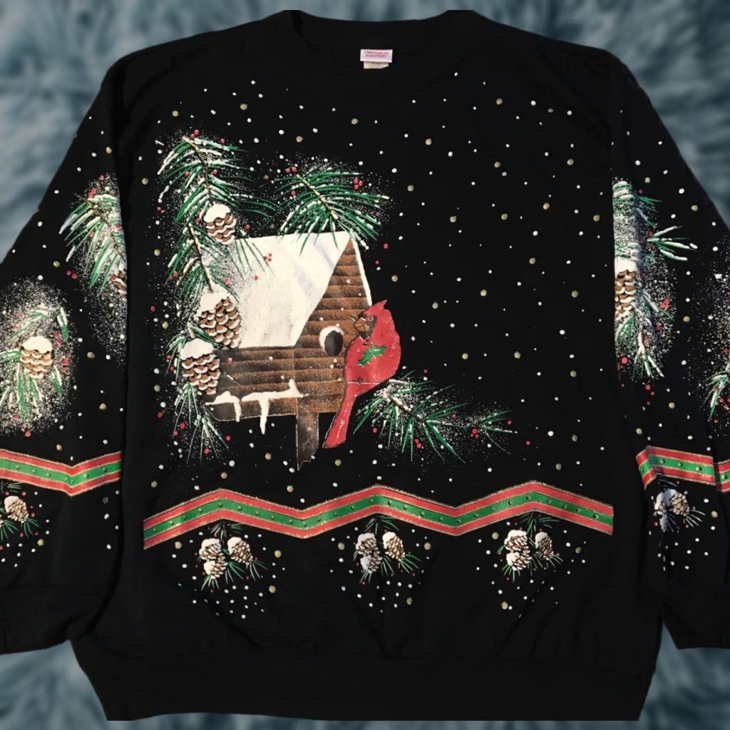 Vintage VINTAGE Christmas On Mainstreet Sweatshirt Men L Black Cardinal Bird Art 90s Snow Vaporwave 80s Santa Glitter Pullover USA Size L Size US L / EU 52-54 / 3 - 1 Thumbnail