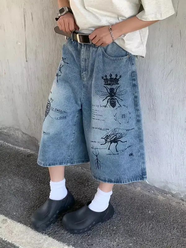 VIBE Retro graffiti insect pattern baggy denim shorts Size US 32 / EU 48 - 2 Thumbnail