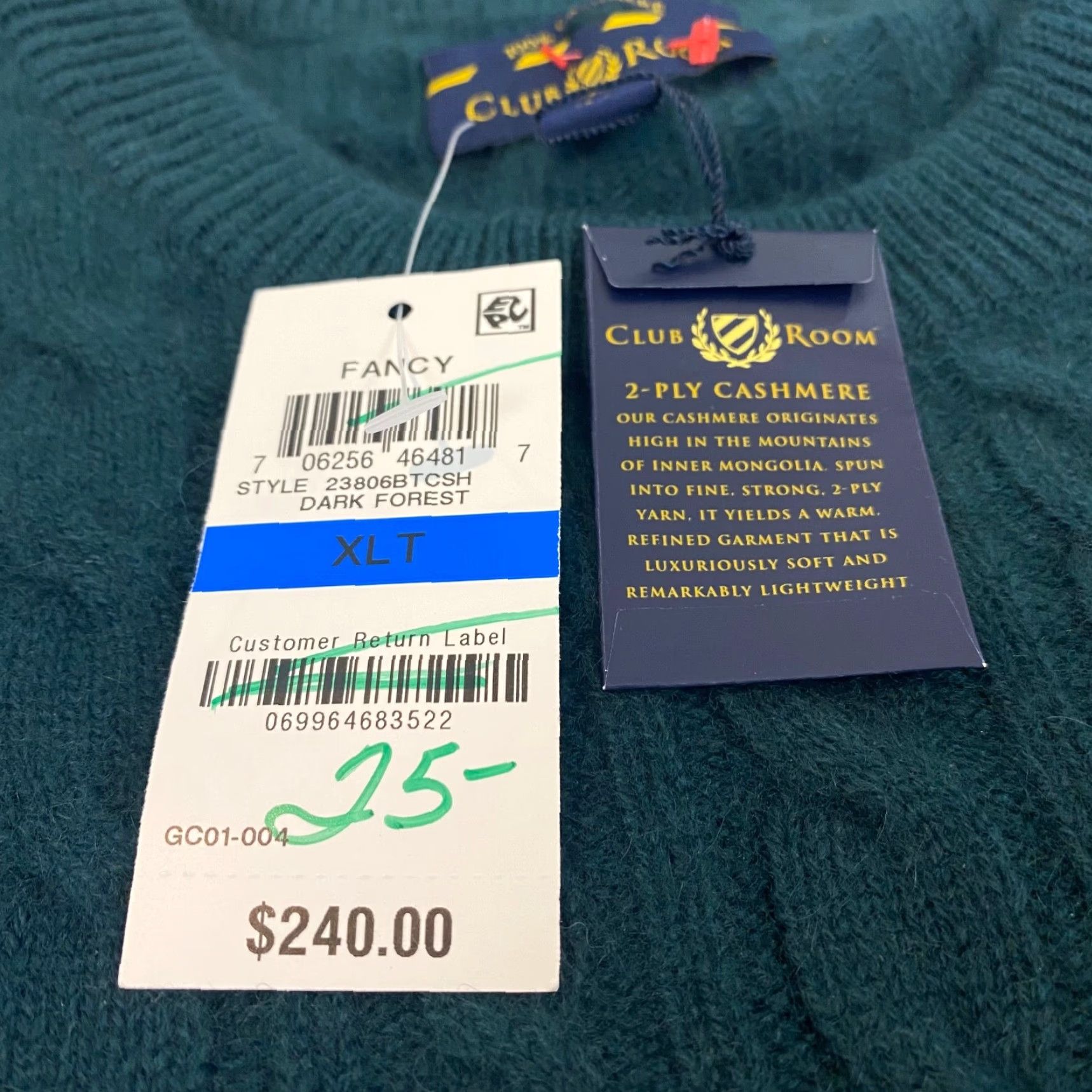 Club Room VINTAGE Club Room Cashmere Sweater Mens XLT Crew Neck Pullover Knit Winter Green 2-Ply Cable Knit Size US XL / EU 56 / 4 - 4 Thumbnail