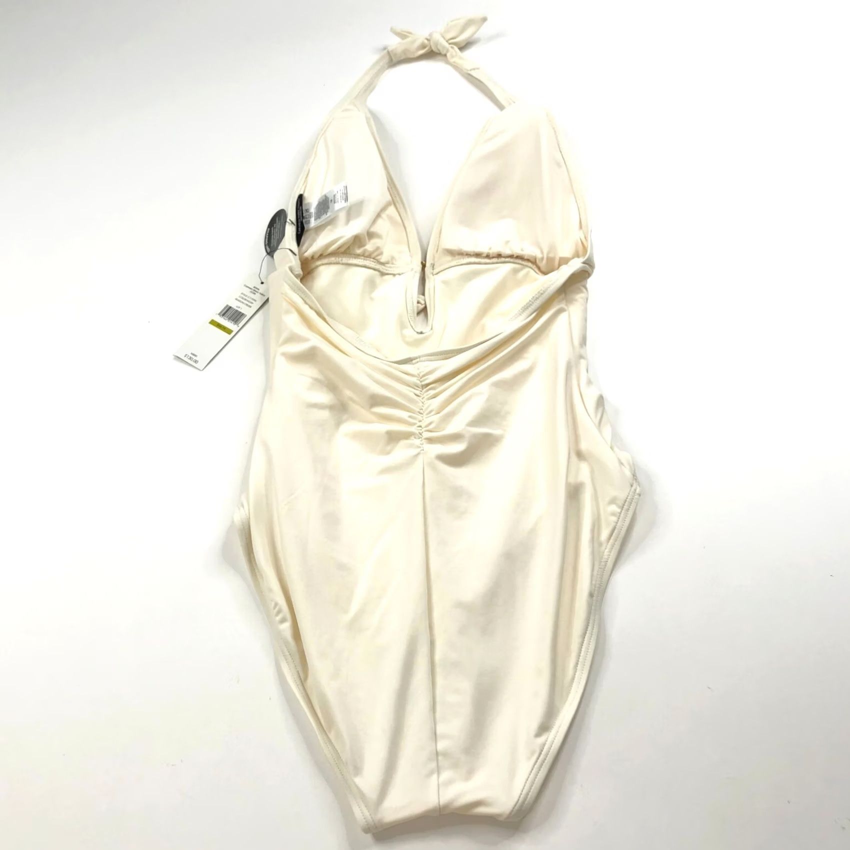 Vintage Carmen Marc Valvo One Piece Swimsuit Ivory Nylon Spandex 14 Adult Women Retro Wide Straps Removable Pads Shirred Smoothing Liner Solid Pattern Denim? Size ONE SIZE - 7 Thumbnail
