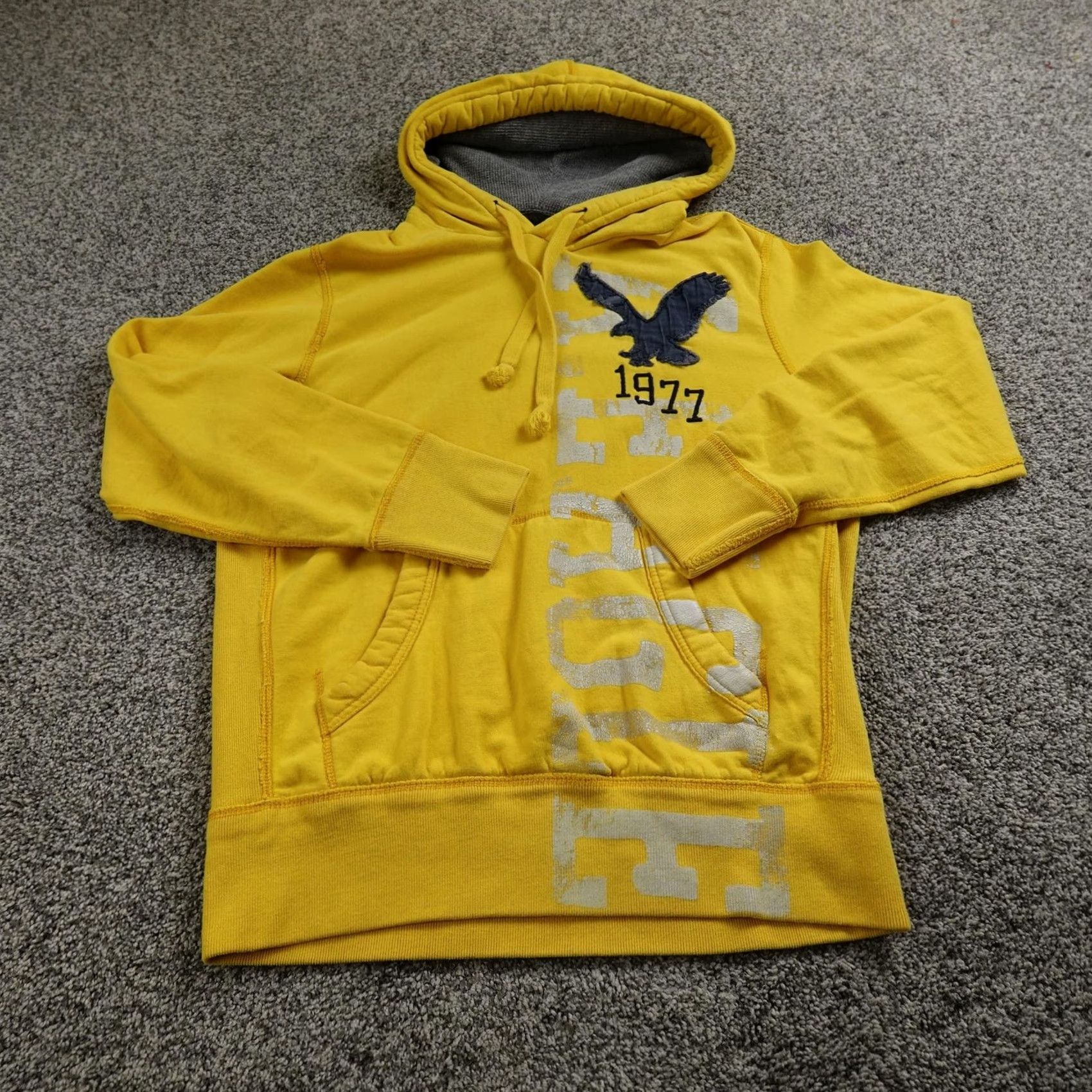 American Eagle Outfitters VTG American Eagle Hoodie Mens M Yellow Pullover Sweatshirt Thermal Hood Pockets Graphic Print Logo Embroidered Crew Neck Fleece Winter Classic Shirt Size US M / EU 48-50 / 2 - 2 Thumbnail