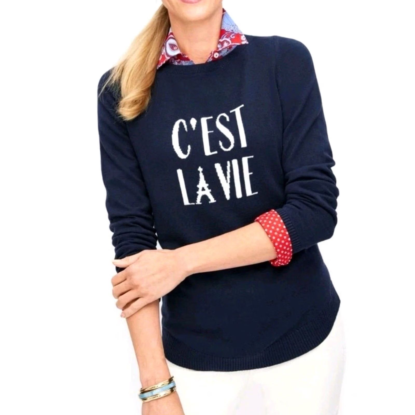 Talbots TALBOTS C'est La Vie Graphic Sweater Navy Blue Petite PS Pullover Cap Sleeve Long Sleeve Knit Size S / US 4 / IT 40 - 2 Thumbnail