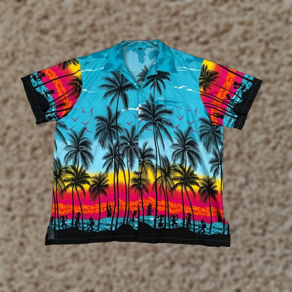 Vintage Hawaiian Shirt Mens 2XL XXL Blue Red Sunset Palm Beach Wind Surfer Button Up Size US XXL / EU 58 / 5 - 1 Thumbnail