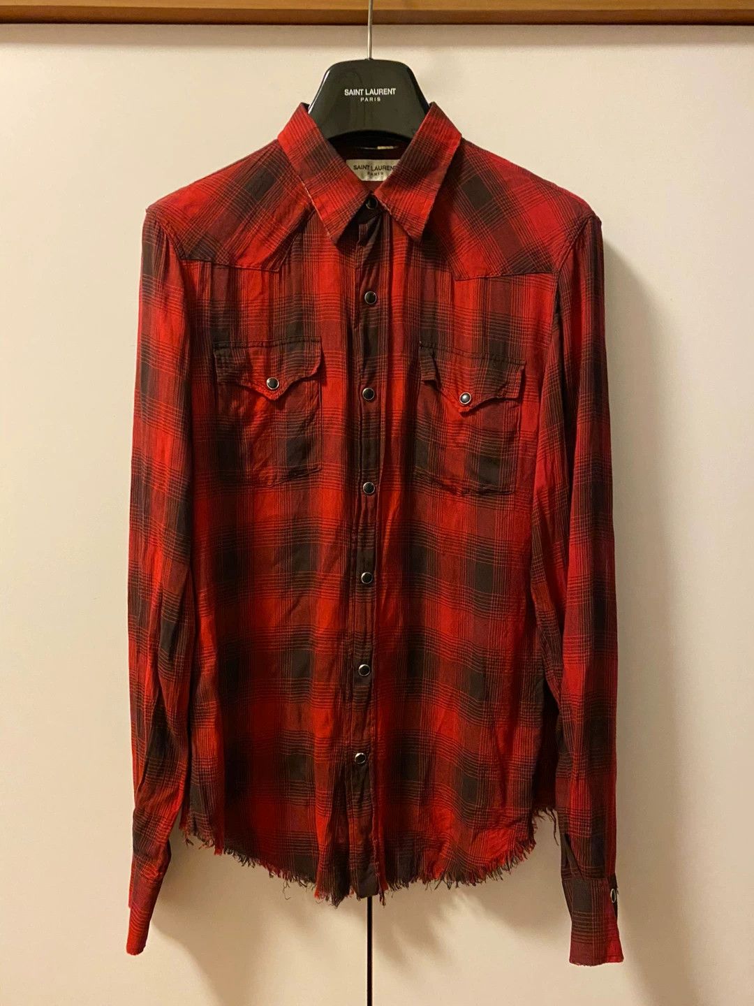 Saint Laurent Paris Saint Laurent Red Plaid Frayed Hem Shirt Size US S / EU 44-46 / 1 - 1 Thumbnail