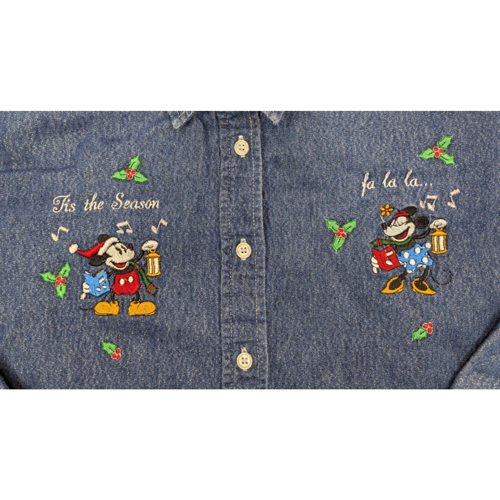 Disney Disney Mickey Mouse Button-Up Denim Shirt Womens XL Christmas Glitter Embroidered Blue Cotton Blend Button Closure Ladies Holiday Christmas Theme Size XL / US 12-14 / IT 48-50 - 3 Thumbnail
