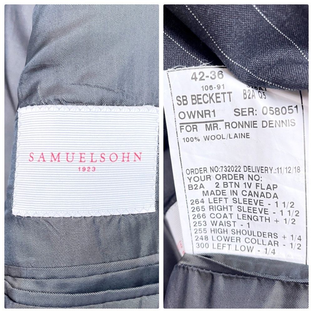 Samuelsohn Samuelsohn Wool Beckett 120s Suit Charcoal Stripe Mens 42R Size 42R - 14 Thumbnail