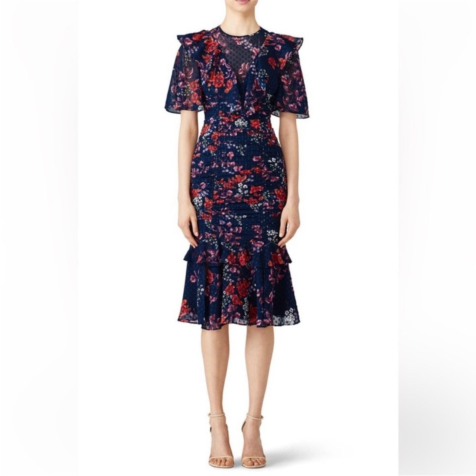 Nordstrom Keepsake Navy Blue Red White Floral Ruffle Ruche Midi Dress Size XS / US 0-2 / IT 36-38 - 4 Thumbnail