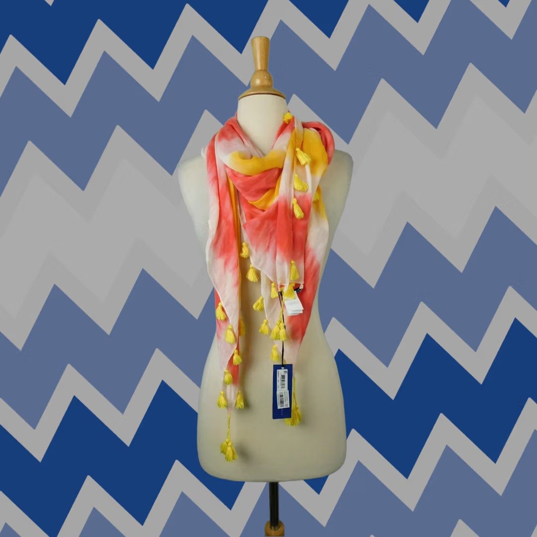 Rebecca Minkoff Rebecca Minkoff Tie-Dye Printed Oversize Square Tassel Scarf Yellow-Coral Multi-Color 46" x 46" Laying Flat 100% Viscose RM3000097 Scarf Womens Size ONE SIZE - 1 Thumbnail