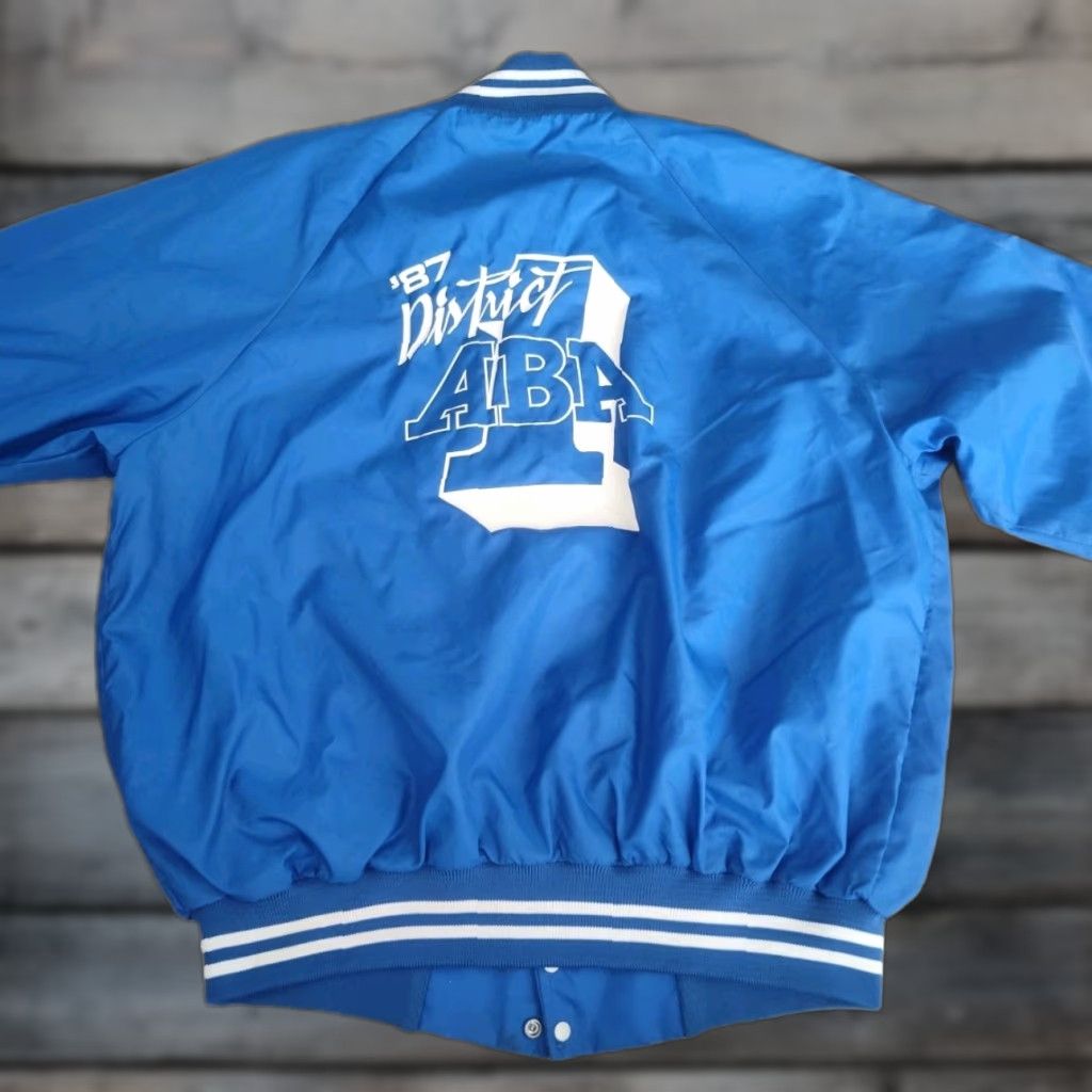 Augusta Sportswear VINTAGE 1987 Michigan ABA BMX Satin Bomber Jacket Men XL Dark Blue 80s Sports Cycling Riding Size US XL / EU 56 / 4 - 1 Thumbnail