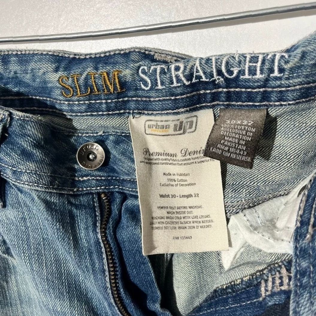 Vintage Urban Up Jeans Slim Straight Denim Blue 32x30 Mens Regular 5-Pocket Cotton Zip Button Size US 32 / EU 48 - 3 Thumbnail