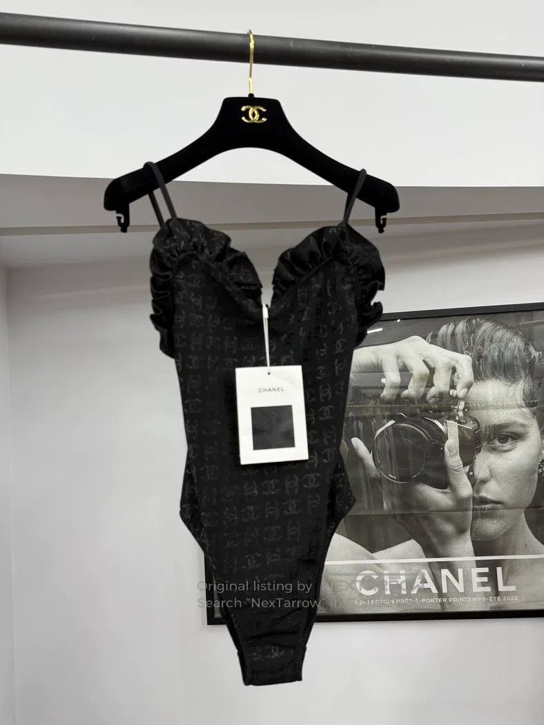 Chanel Chanel Black lace dark pattern full logo swimsuit Size 42" / US 20 - 1 Thumbnail
