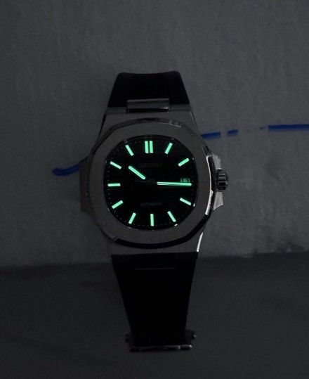 Japanese Brand Seiko Mod Nautilus Black Dial Steel Watch Rubber Strap 41mm Size ONE SIZE - 6 Thumbnail