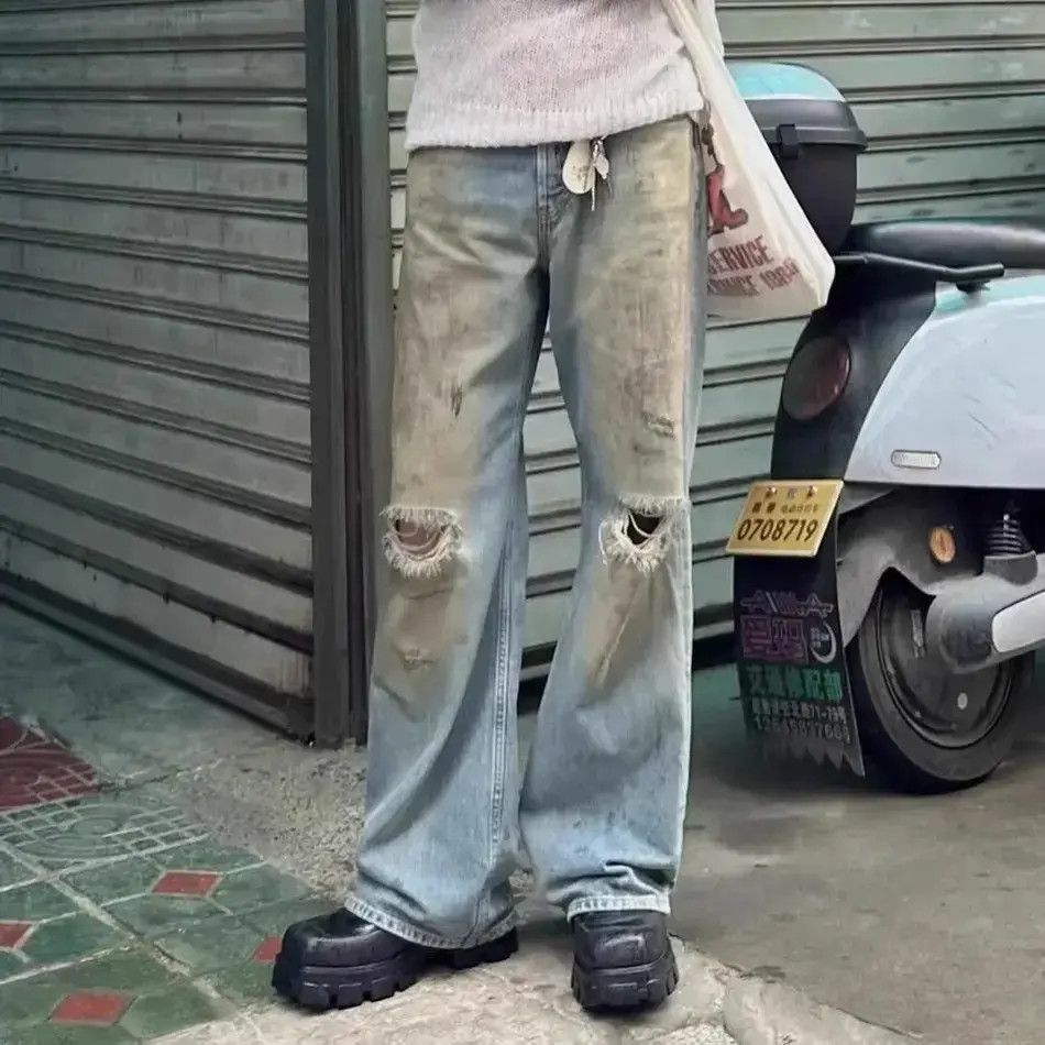 Mud Dyed Hole Baggy Jeans Hombre Frayed Ripped Trousers y2k