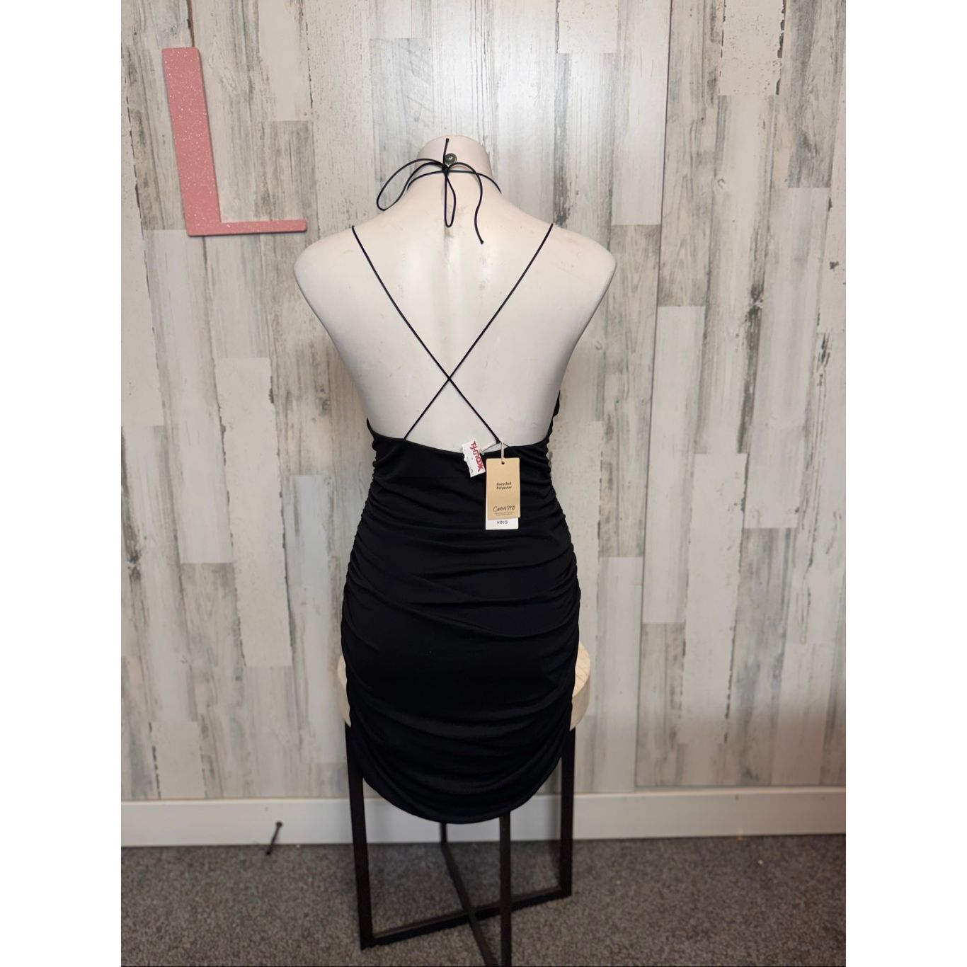 Other Black Ruched Bodycon Mini Dress Halter Neck Tie Back Stretch Size L / US 10 / IT 46 - 7 Thumbnail