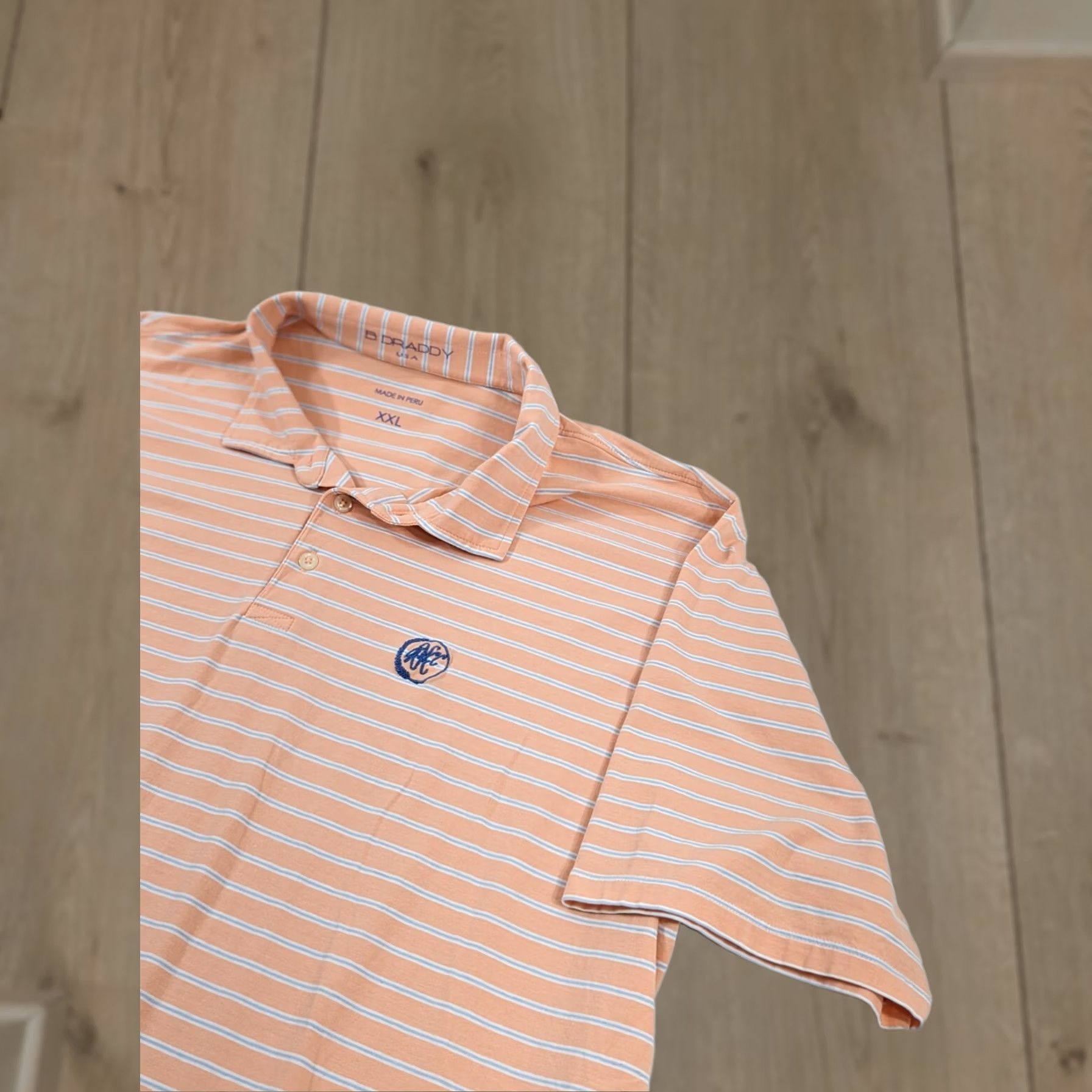 Vintage B. Draddy Polo Shirt Mens 2XL Short Sleeve Striped Cotton Spandex Peach Golf Pocket Logo Embroidered Size US XXL / EU 58 / 5 - 1 Thumbnail