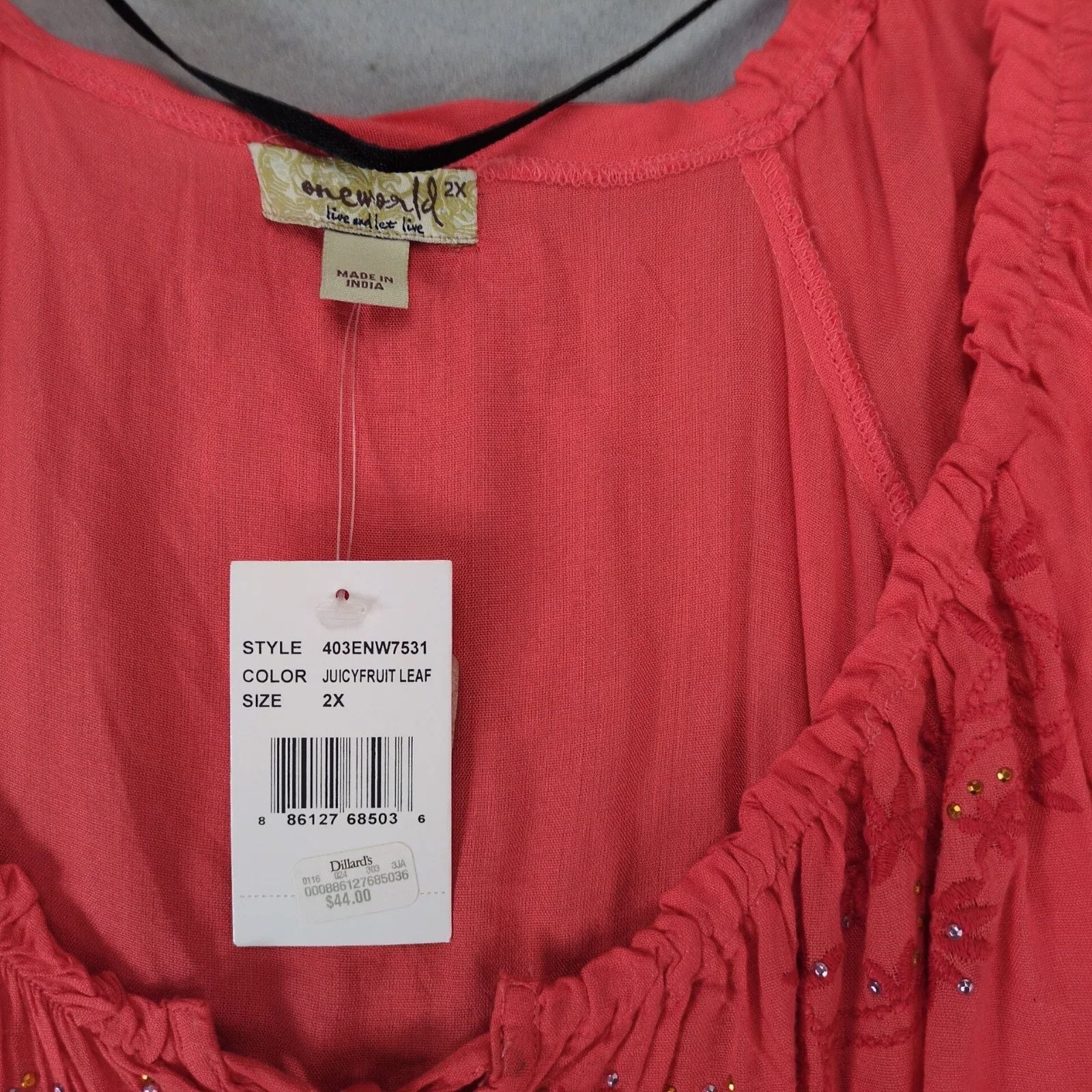 Other NWT One World Coral Peasant Blouse Top Women's Plus Size 2X Size XXL / US 16-18 / IT 52-54 - 3 Thumbnail